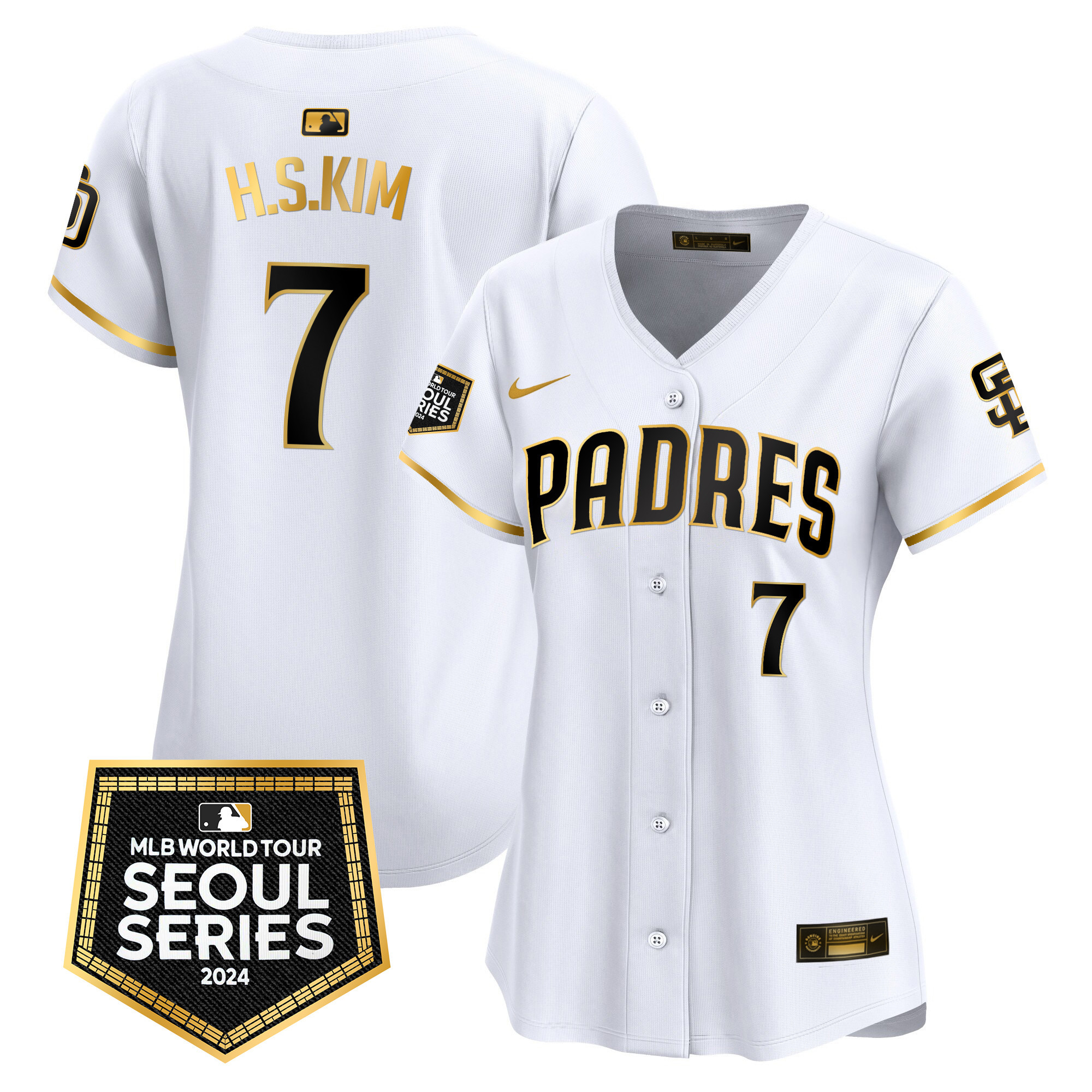 Ha-Seong Kim Women's San Diego Padres 2024 World Tour Seoul Series Patch Vapor Premier Limited White Gold Jersey - All Stitched