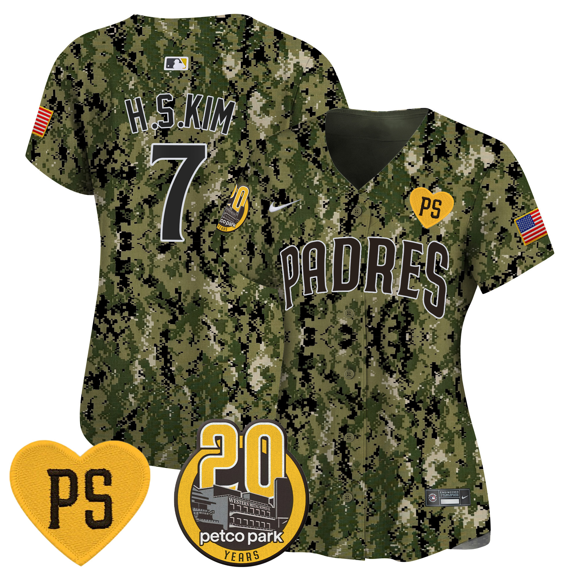 Ha-Seong Kim Women's San Diego Padres "For Peter" & Petco Park 20th Patch USMC Vapor Premier Limited Woodland Jersey - All Stitched