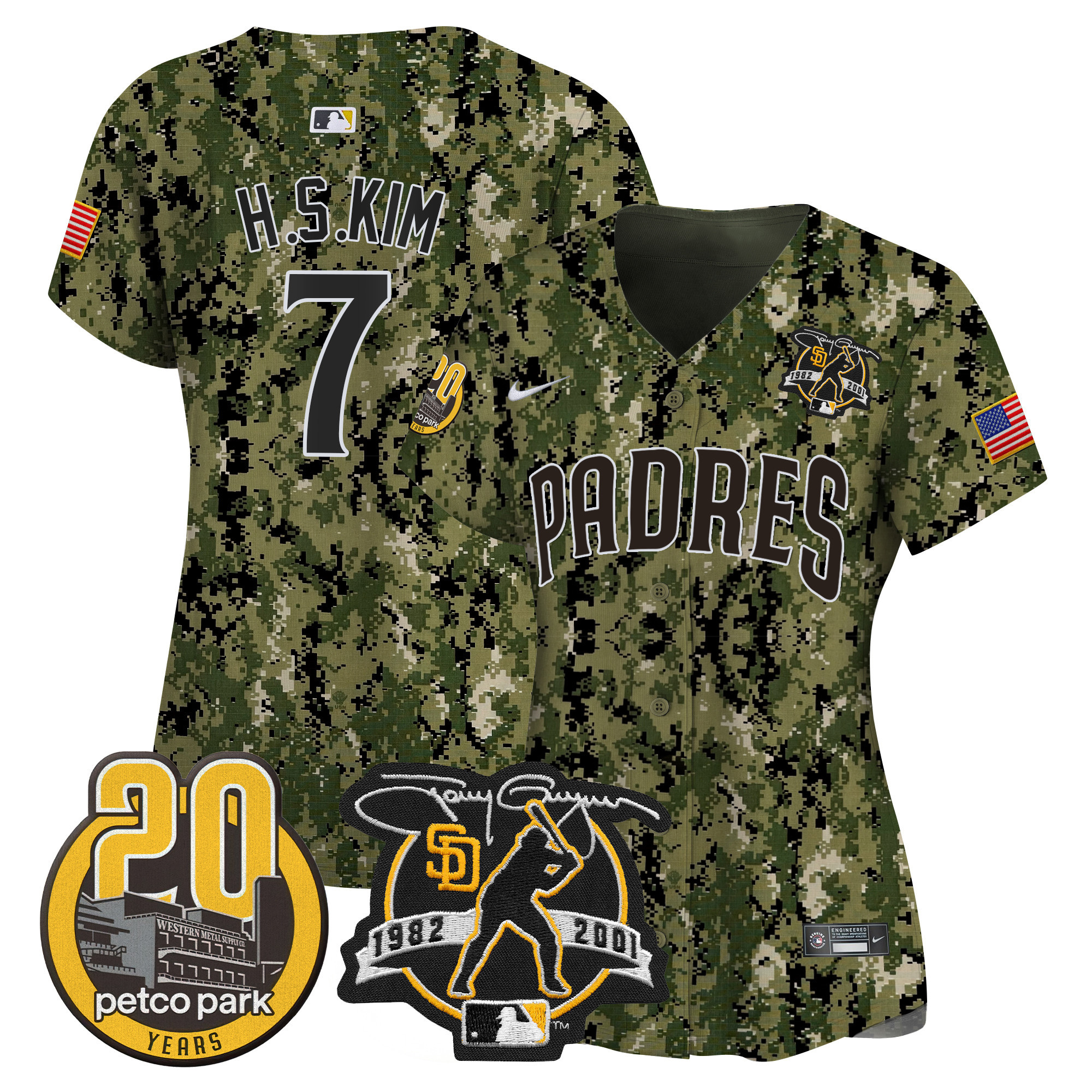 Ha-Seong Kim Women's San Diego Padres Tony Gwynn & Petco Park 20th Patch USMC Vapor Premier Limited Woodland Jersey - All Stitched