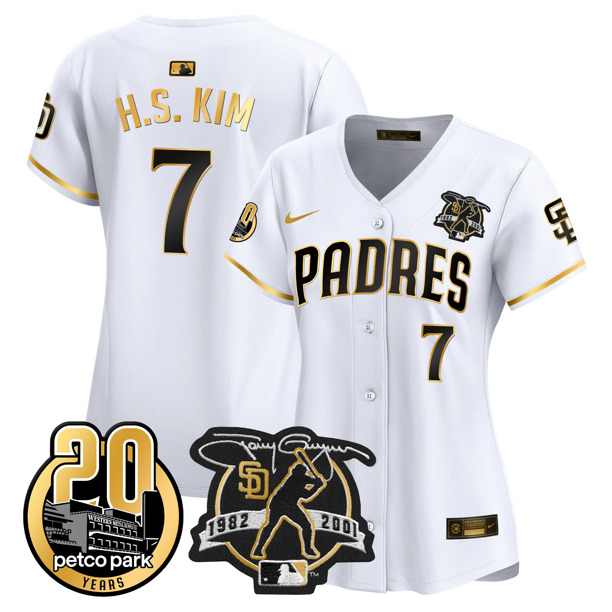 Ha-Seong Kim Women's San Diego Padres Tony Gwynn & Petco Park 20th Patch Vapor Premier Limited White Gold Jersey - All Stitched