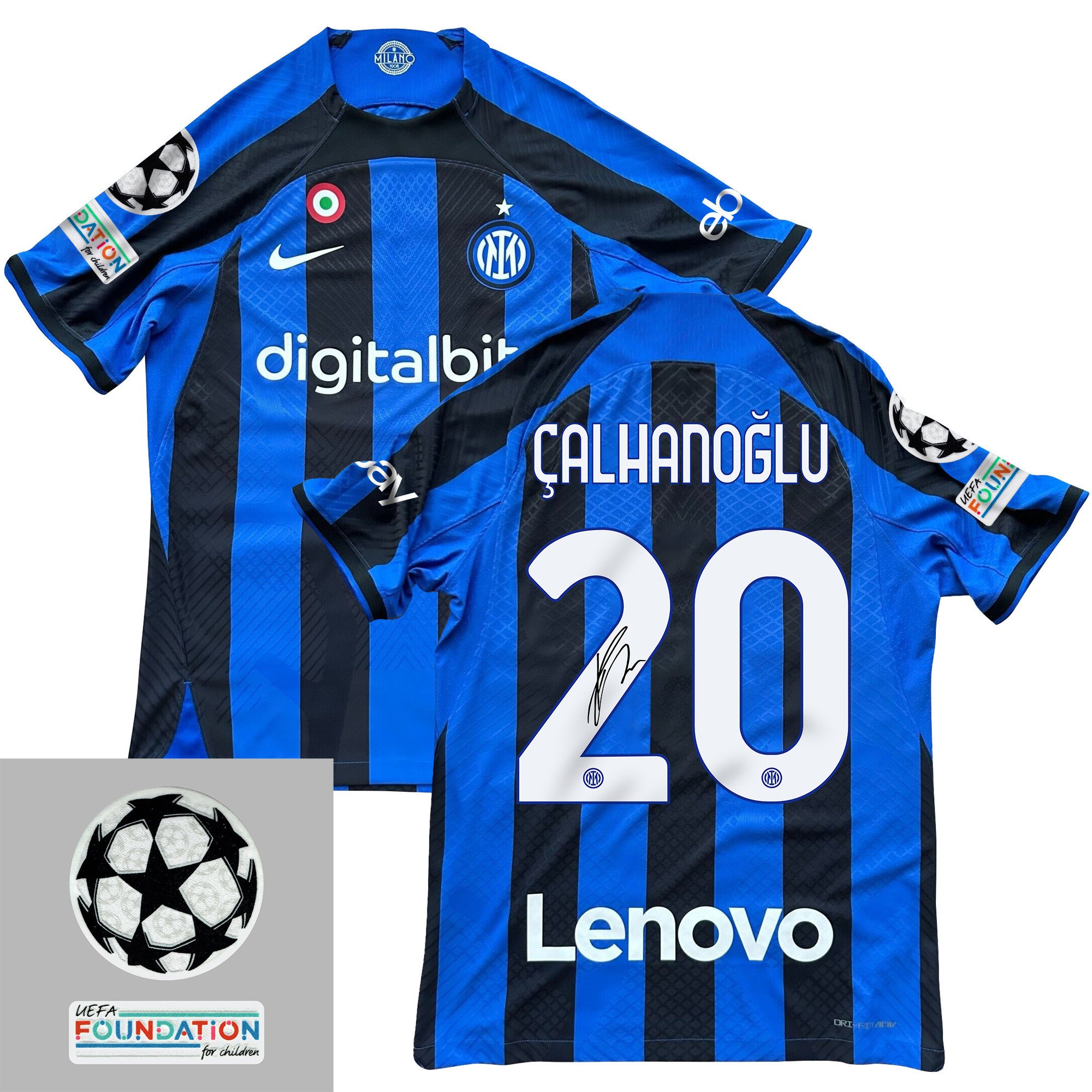 Hakan Çalhano?lu 20 Signed Inter Milan 2022/23 Home Men Jersey – Black/Blue Stripes