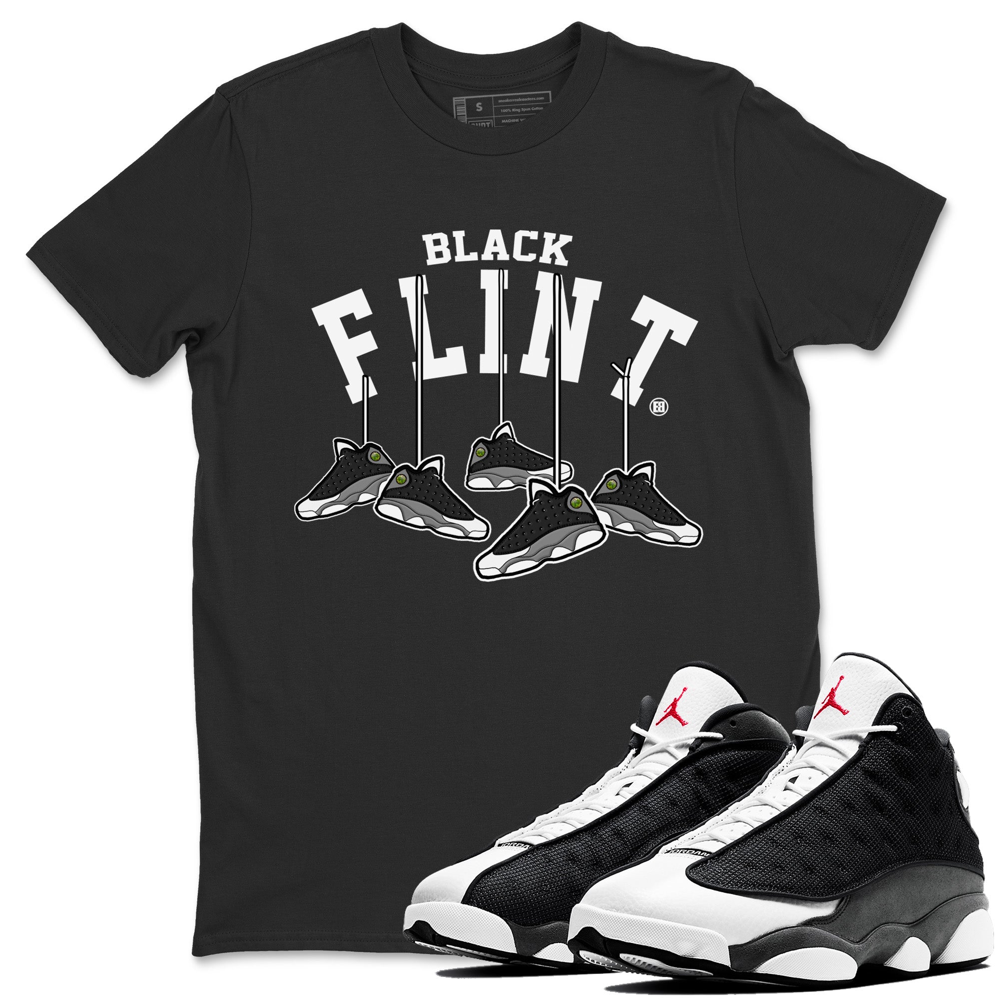 Hanging Sneakers Unisex Tshirt – Air Jordan 13 Black Flint