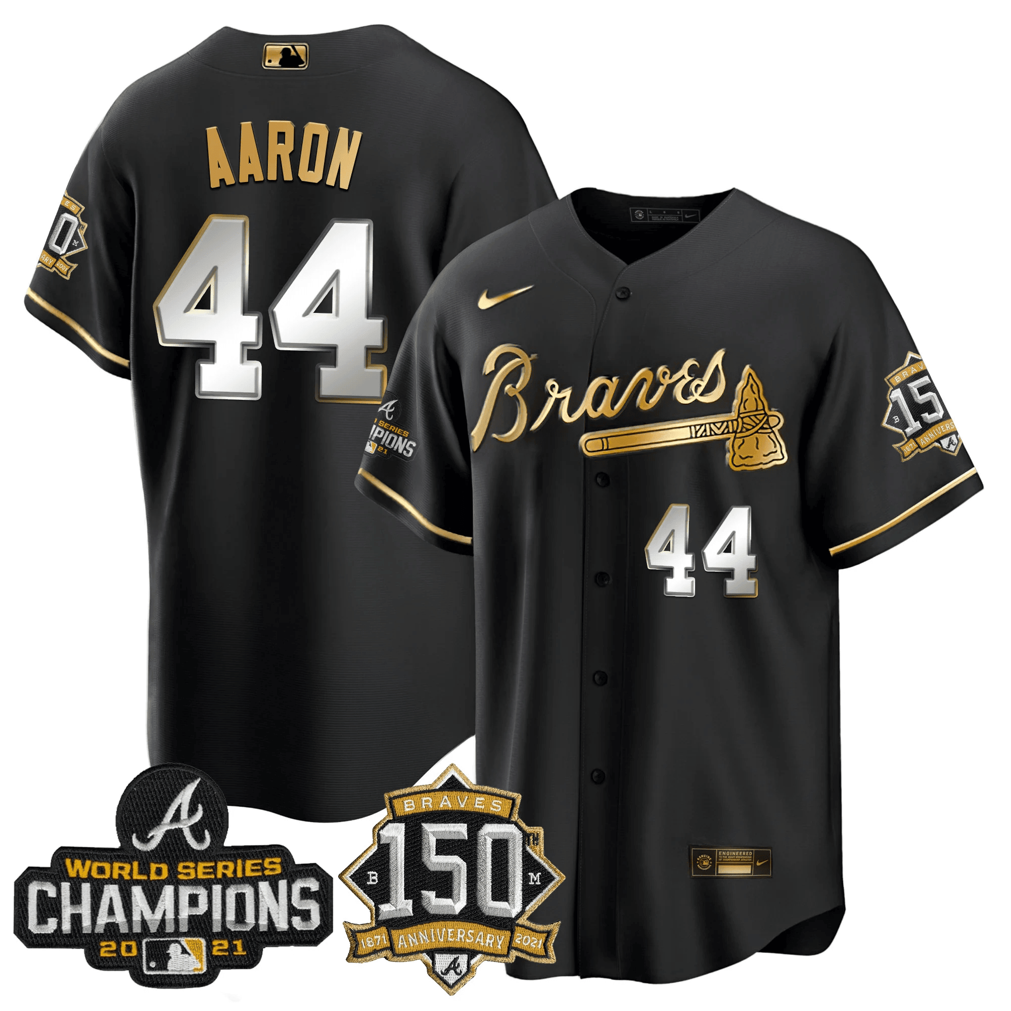 Hank Aaron Atlanta Braves World Series Champion Black Gold Cool Base Jersey - All Stitched