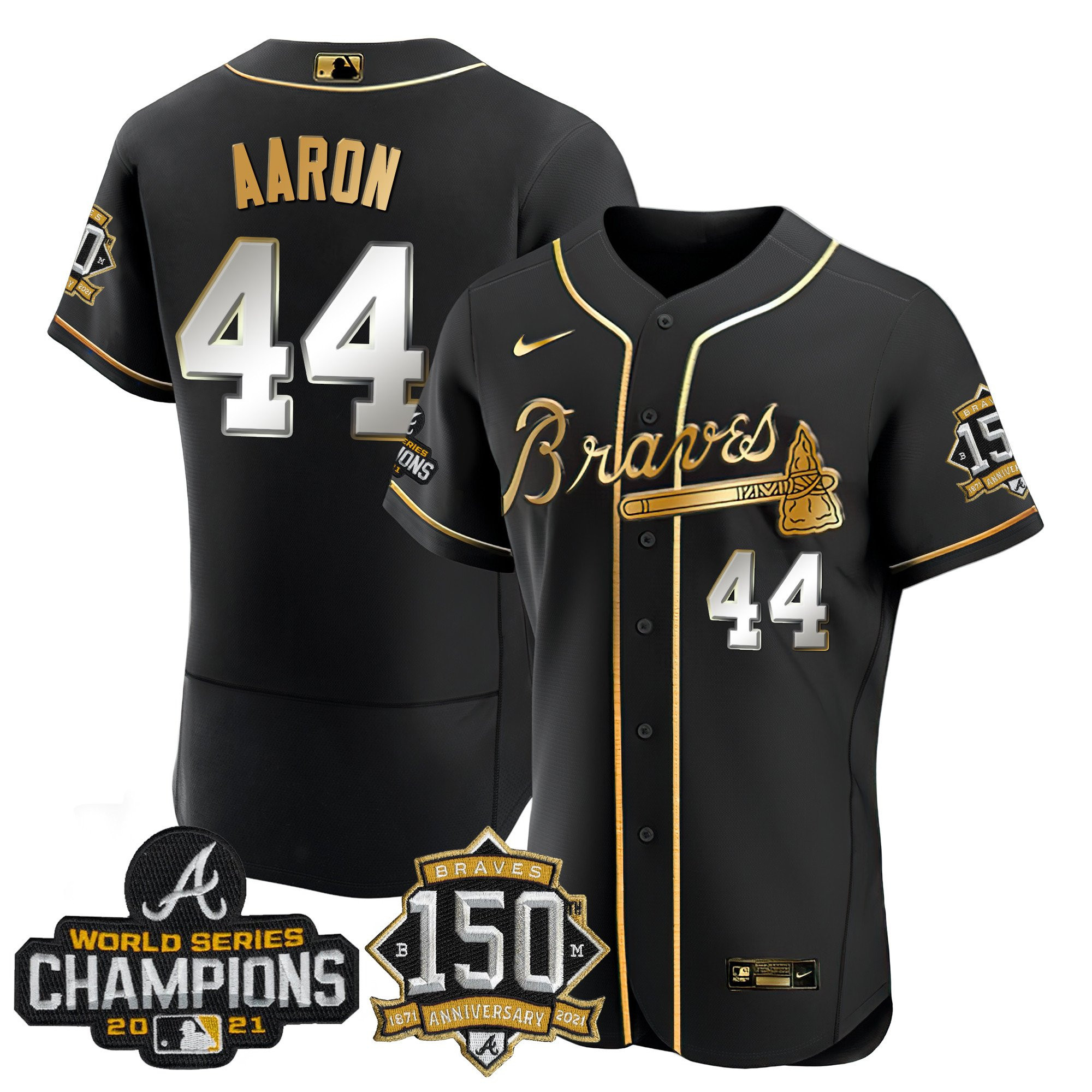 Hank Aaron Atlanta Braves World Series Champion Black Gold Flex Base Jersey - All Stitched