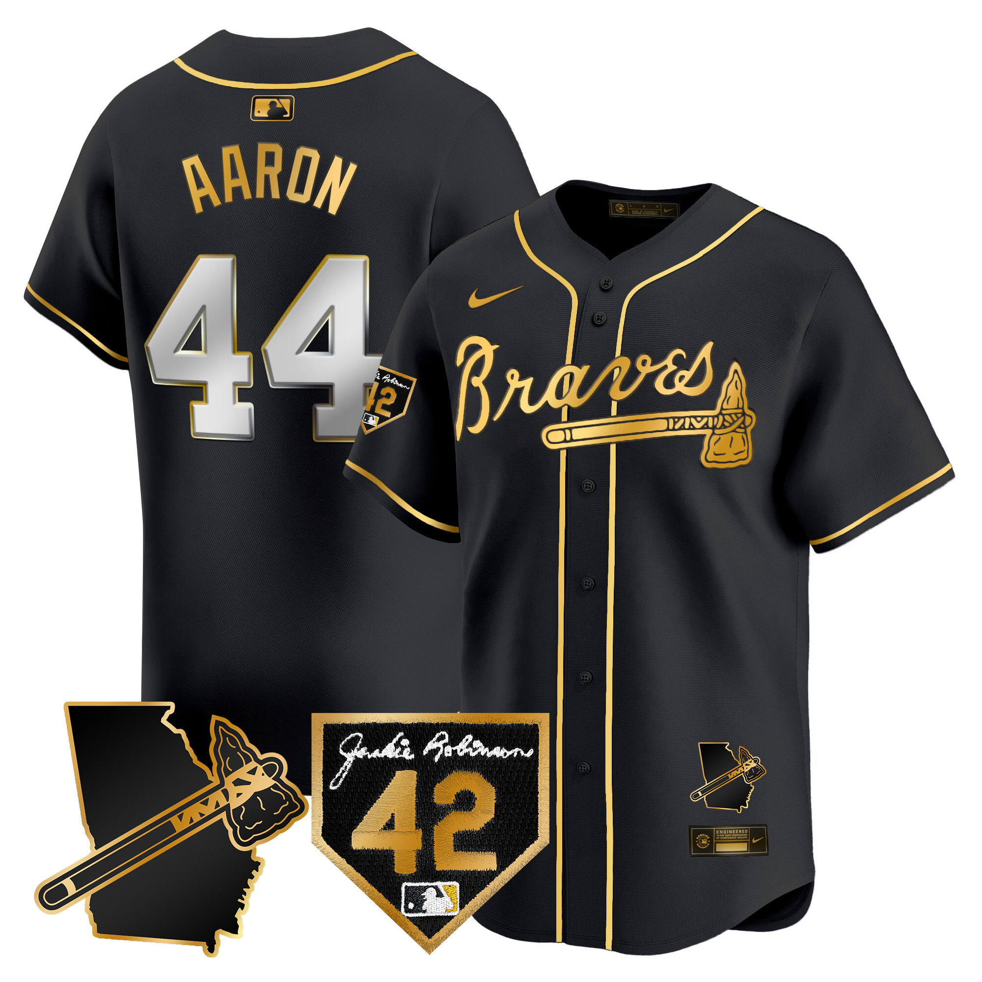 Hank Aaron Men's Atlanta Braves 2024 Robinson & Georgia Patch Vapor Premier Limited Black Gold Jersey - All Stitched