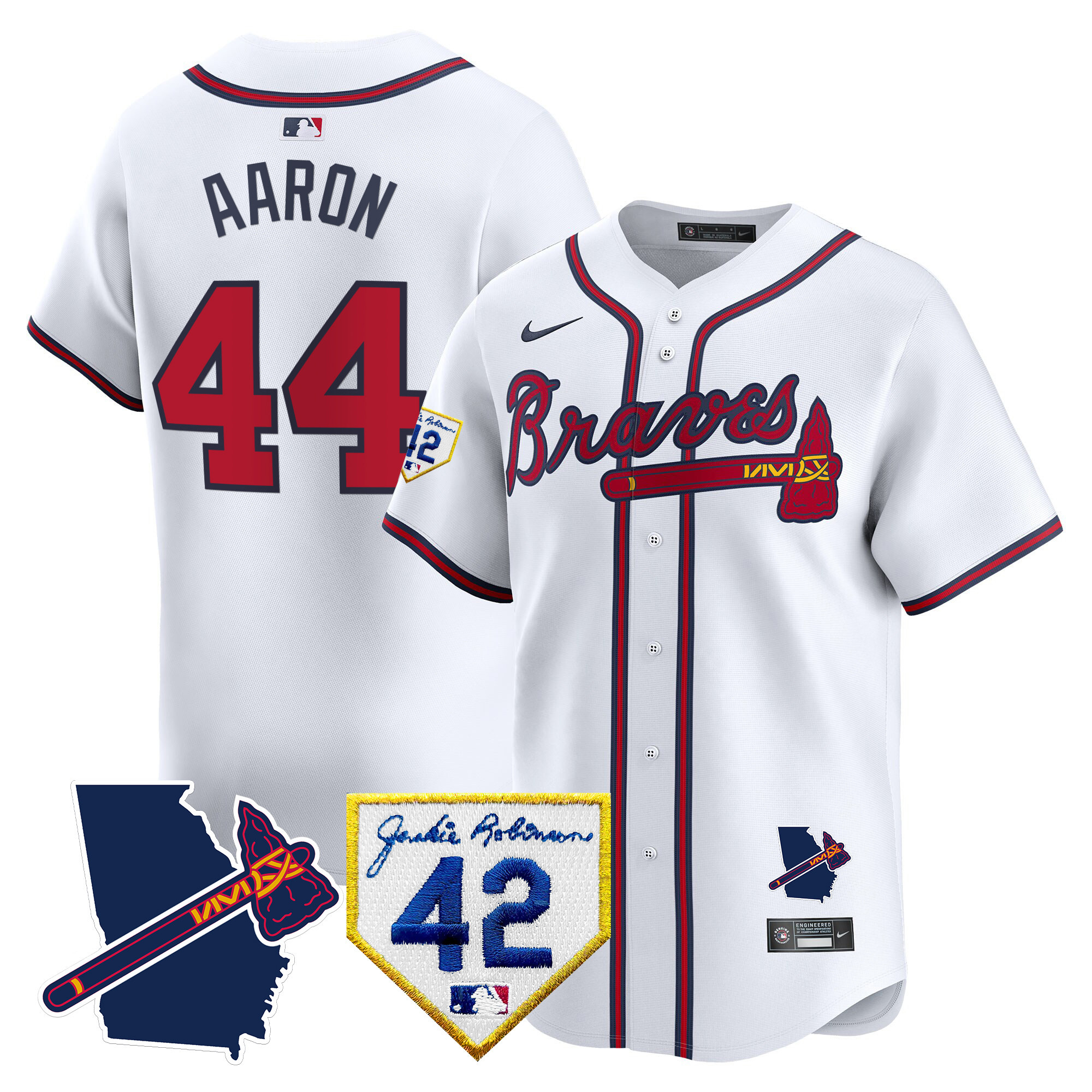 Hank Aaron Men's Atlanta Braves 2024 Robinson & Georgia Patch Vapor Premier Limited White Jersey - All Stitched