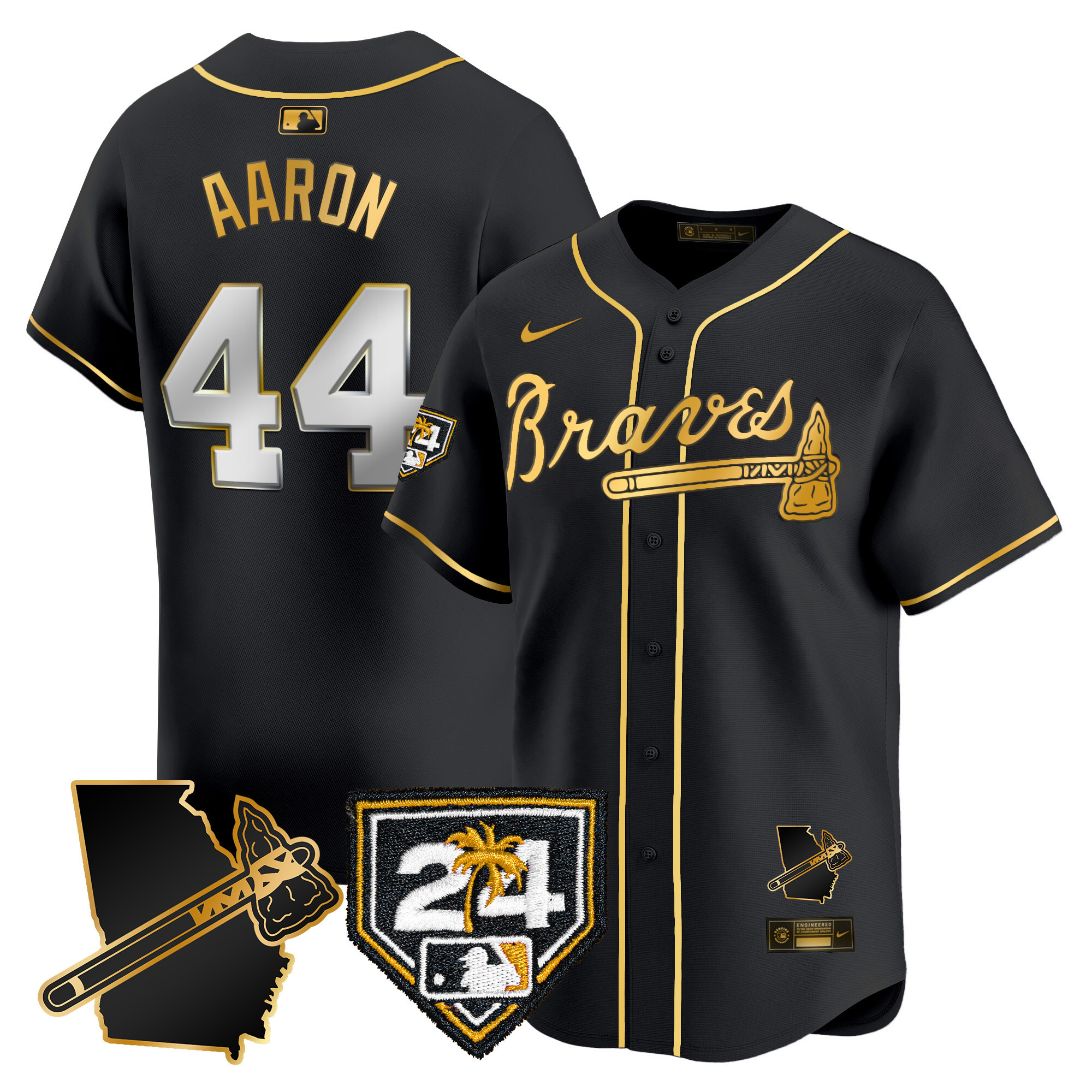 Hank Aaron Men's Atlanta Braves 2024 Spring Training & Georgia Patch Vapor Premier Limited Black Gold Jersey - All Stitched