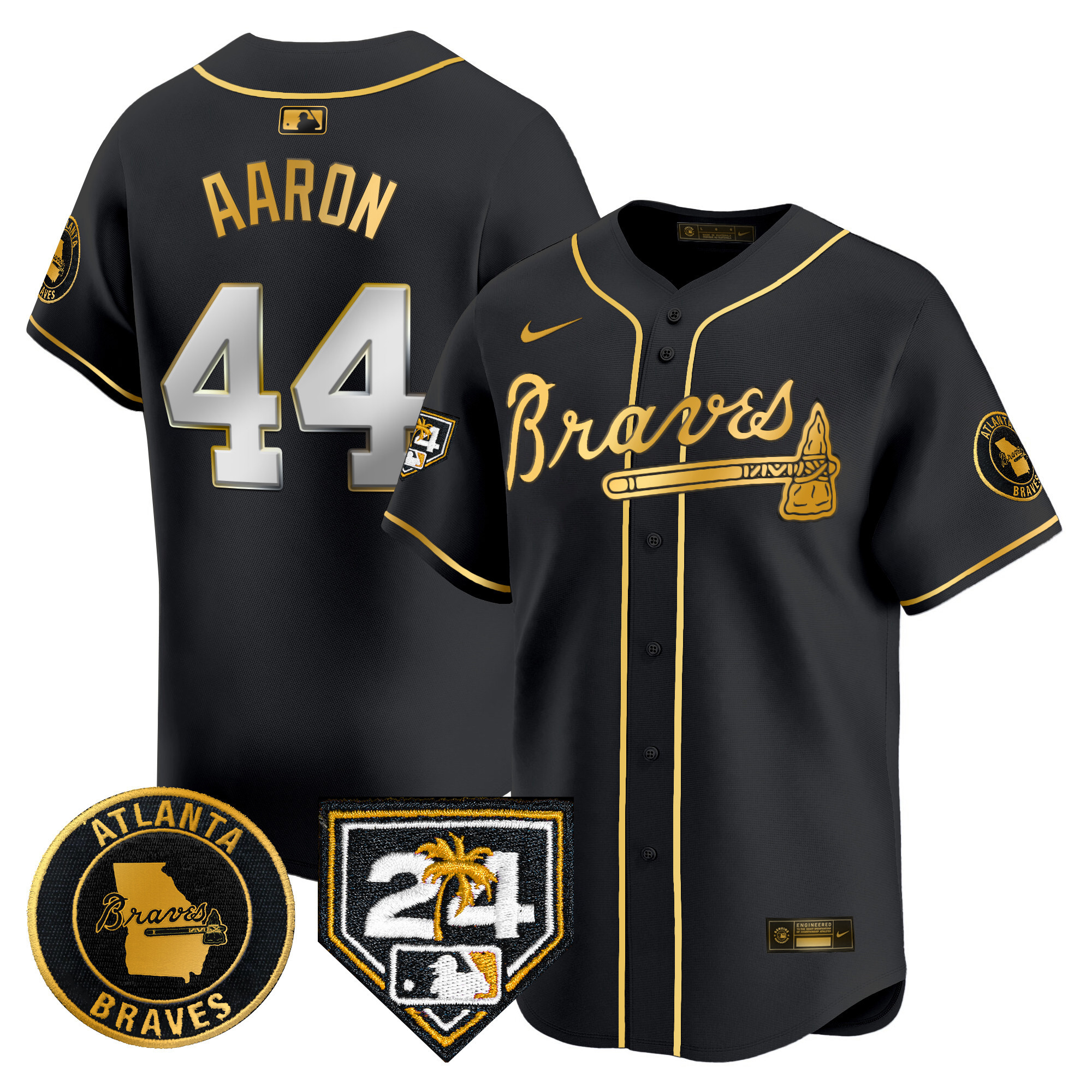 Hank Aaron Men's Atlanta Braves 2024 Spring Training Patch Vapor Premier Limited Black Gold Jersey - All Stitched