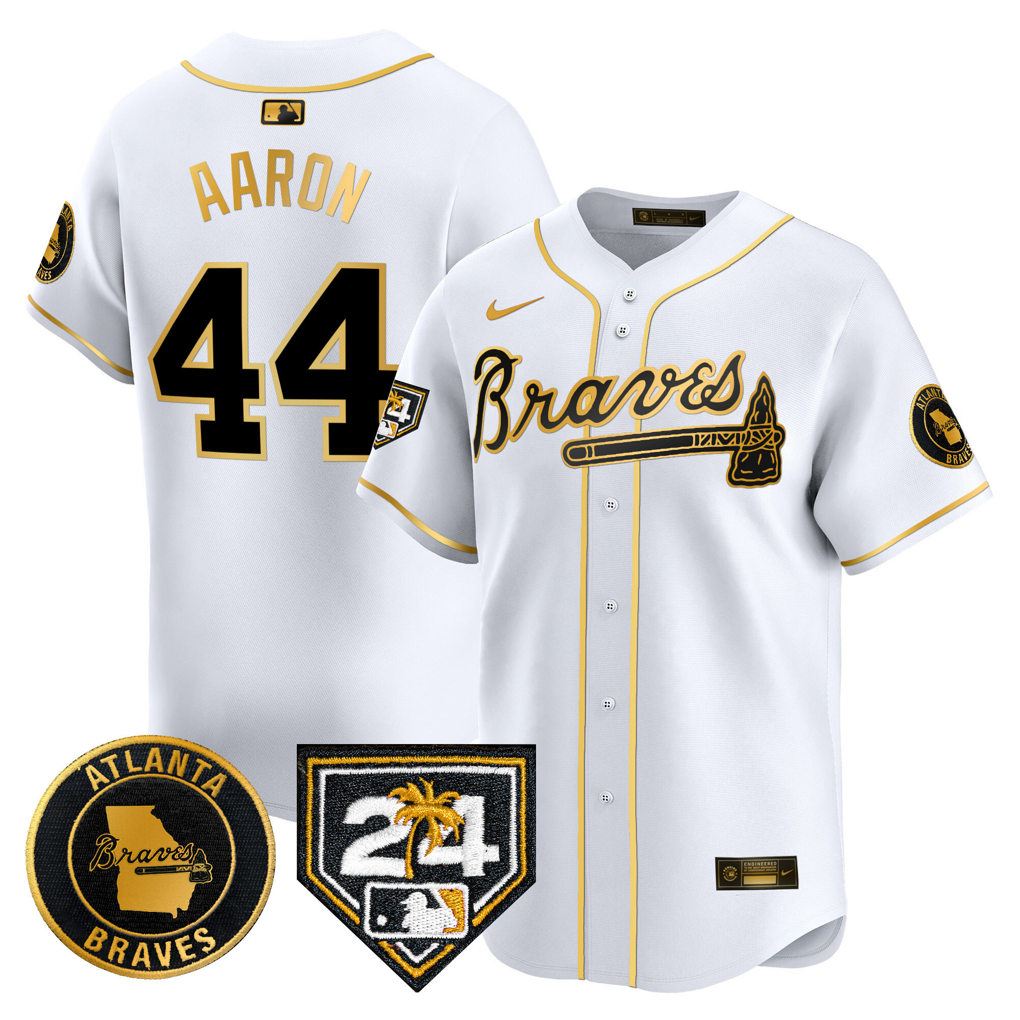 Hank Aaron Men's Atlanta Braves 2024 Spring Training Patch Vapor Premier Limited White Gold Jersey - All Stitched