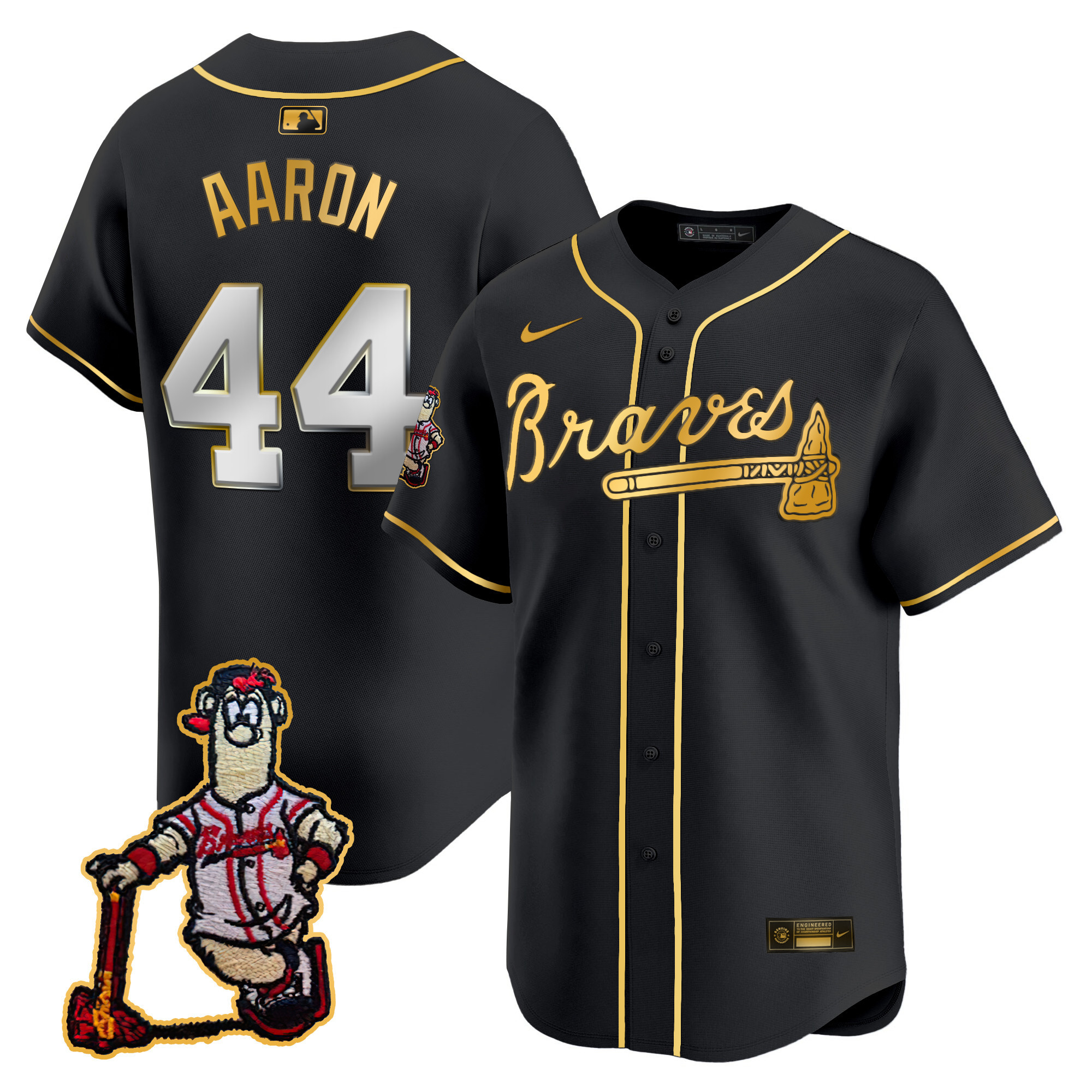 Hank Aaron Men's Atlanta Braves Blooper Patch Vapor Premier Limited Black Gold Jersey - All Stitched