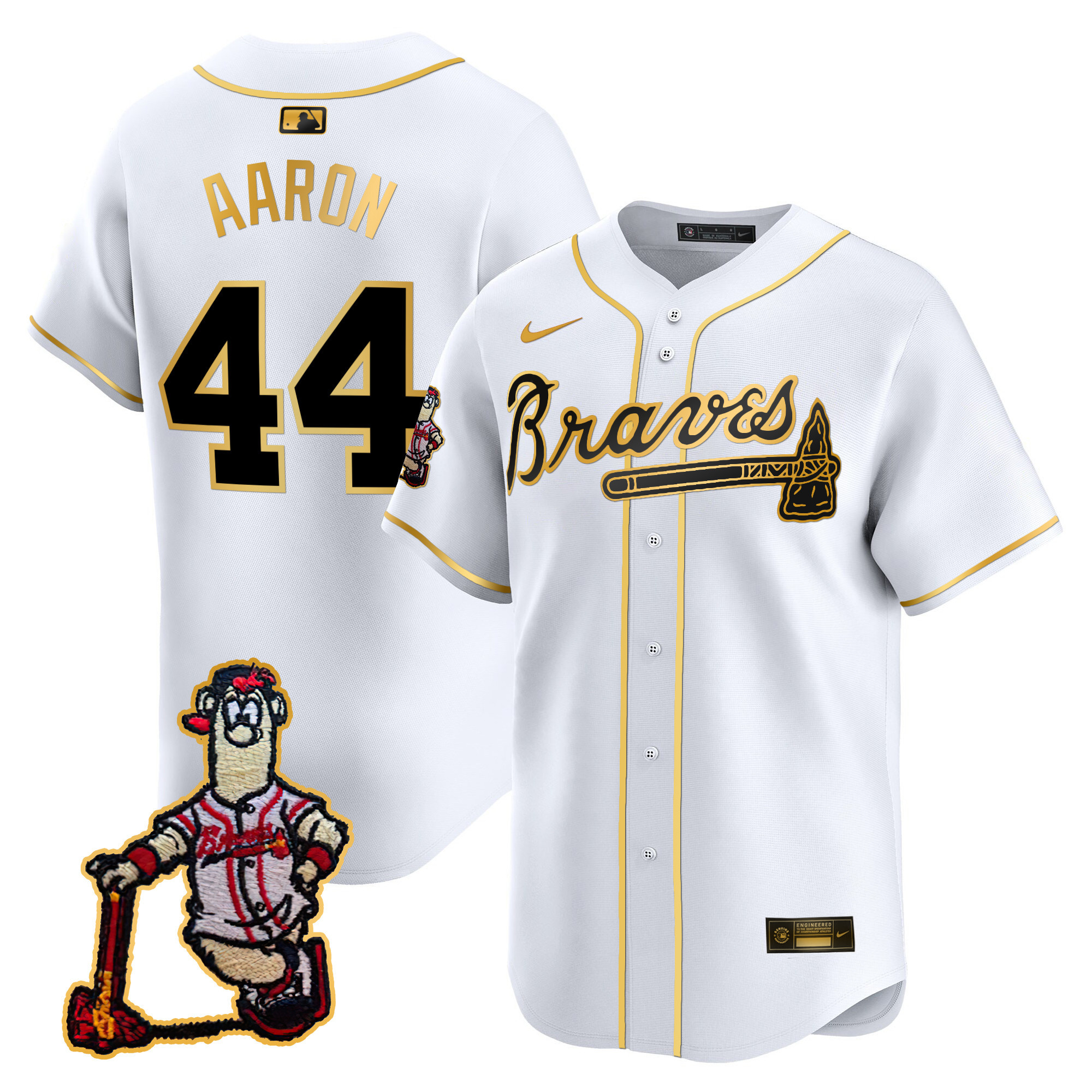 Hank Aaron Men's Atlanta Braves Blooper Patch Vapor Premier Limited White Gold Jersey - All Stitched
