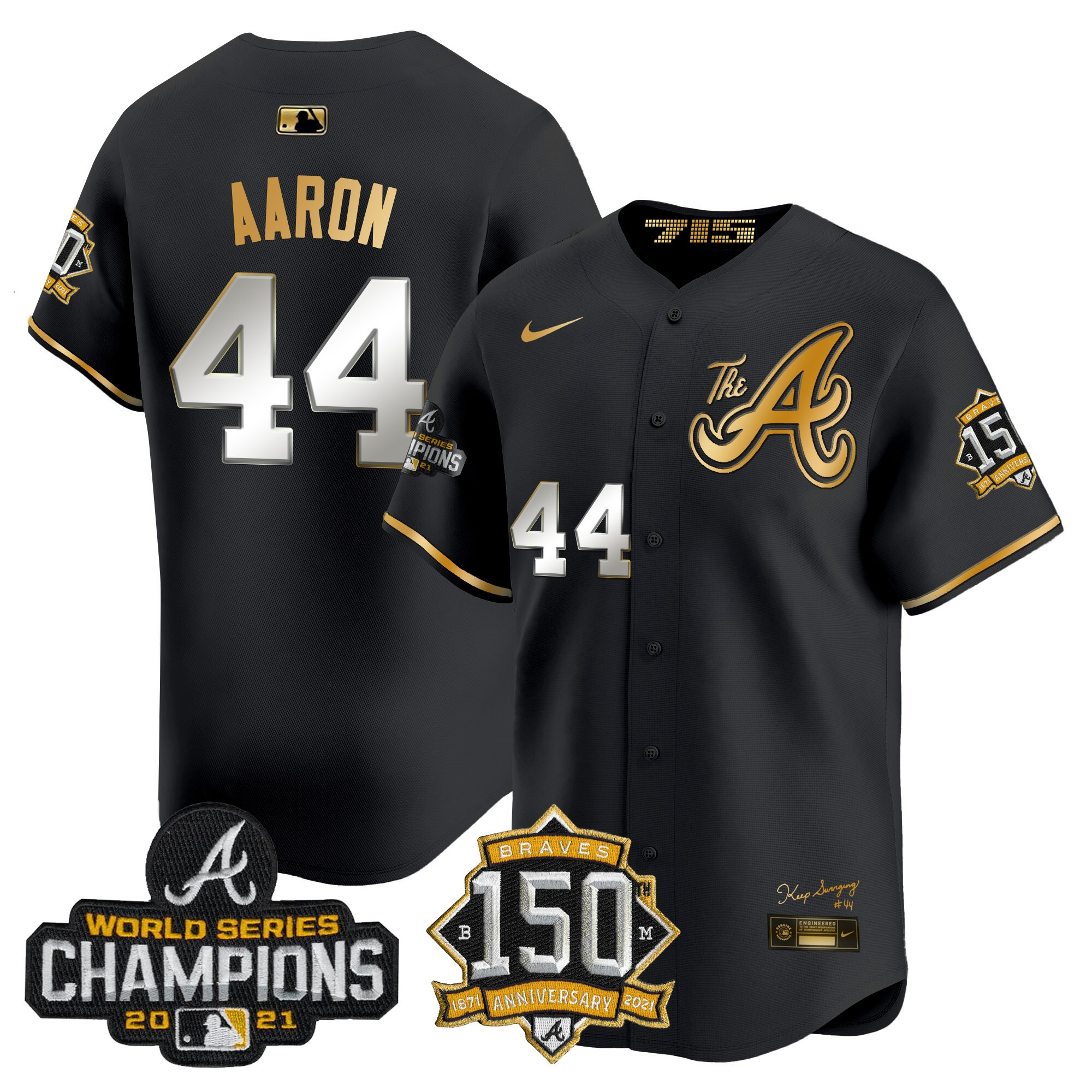 Hank Aaron Men's Atlanta Braves Champions & 150th Patch Vapor Premier Limited Black Gold Jersey - All Stitched