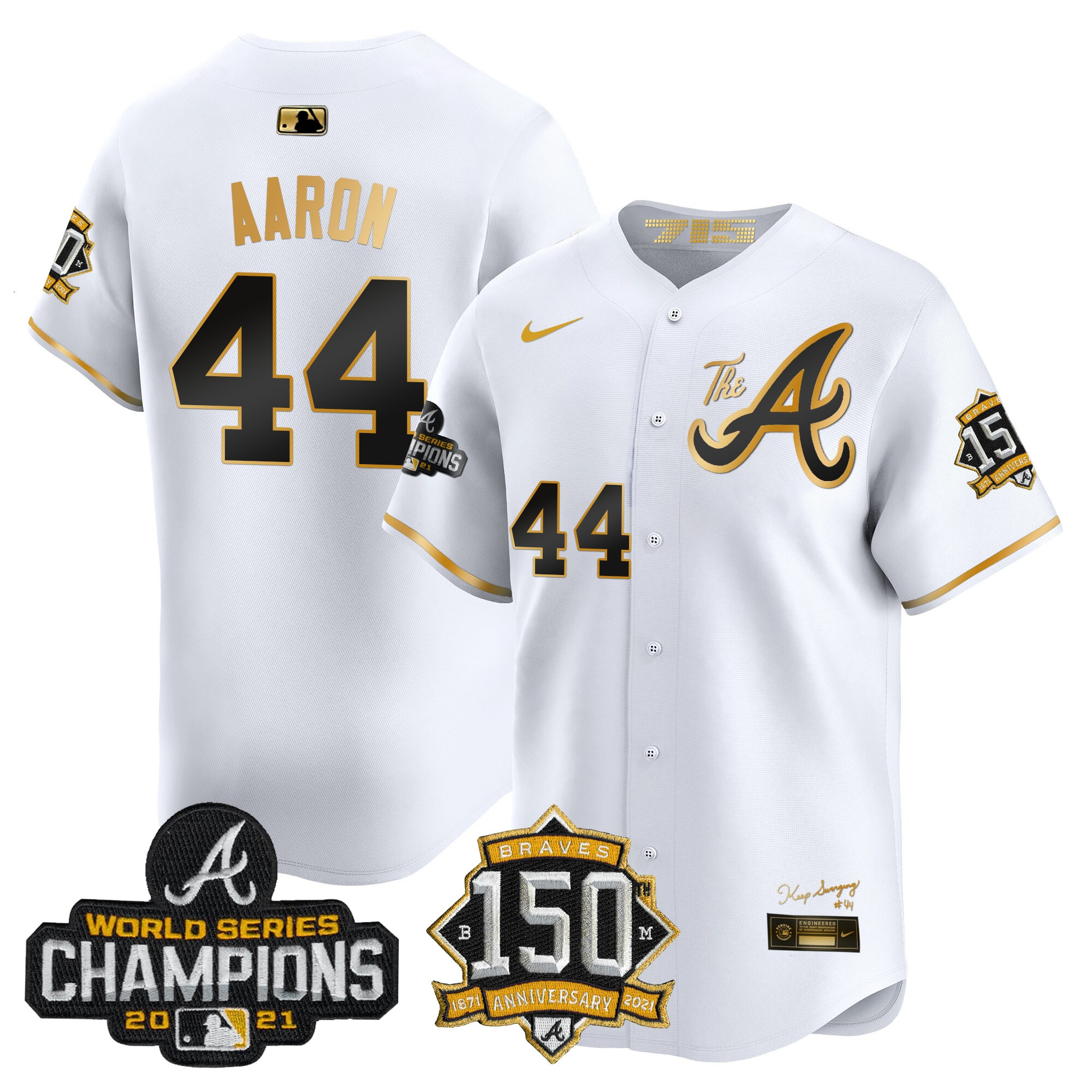 Hank Aaron Men's Atlanta Braves Champions & 150th Patch Vapor Premier Limited White Gold Jersey - All Stitched