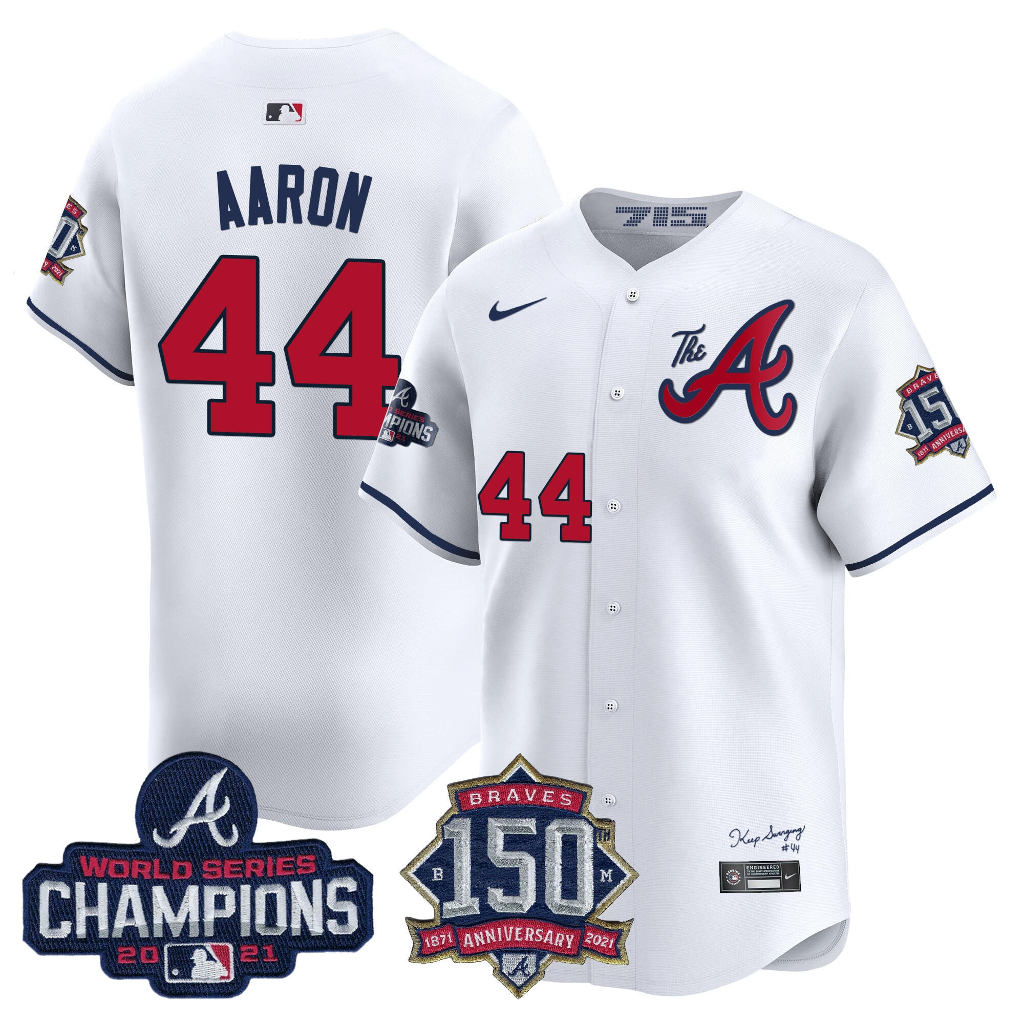 Hank Aaron Men's Atlanta Braves Champions & 150th Patch Vapor Premier Limited White Jersey - All Stitched