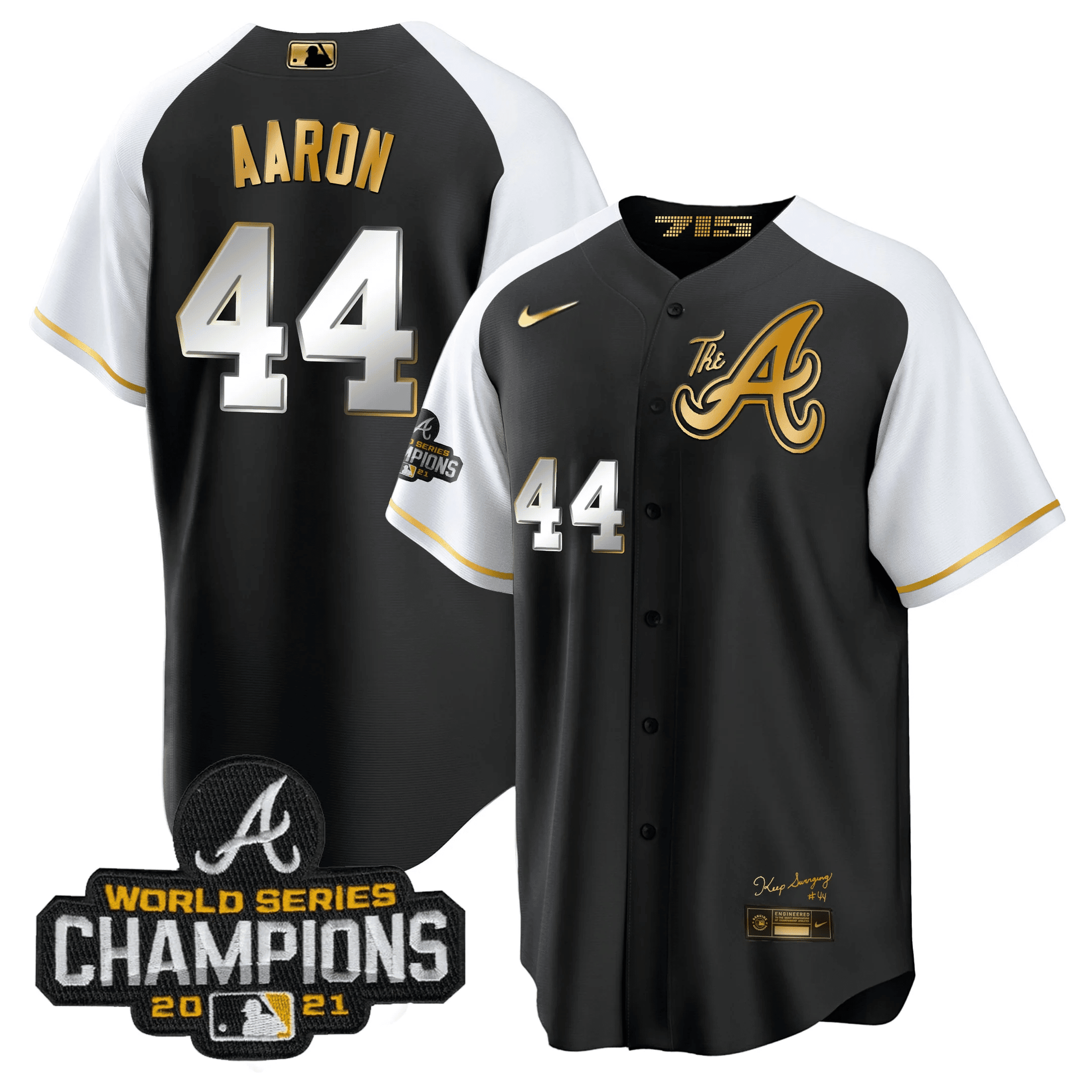 Hank Aaron Men's Atlanta Braves Champions Alternate Gold Cool Base Black Jersey - All Stitched