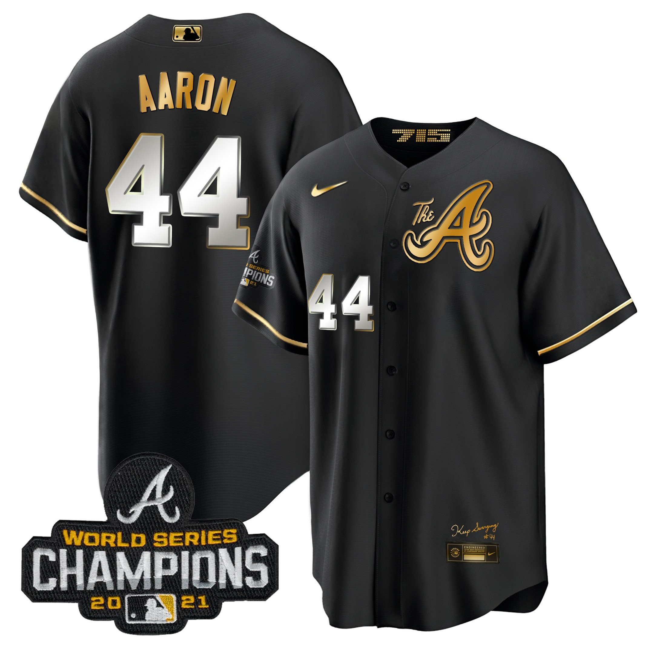 Hank Aaron Men's Atlanta Braves Champions City Connect Gold Cool Base Black Gold Jersey - All Stitched