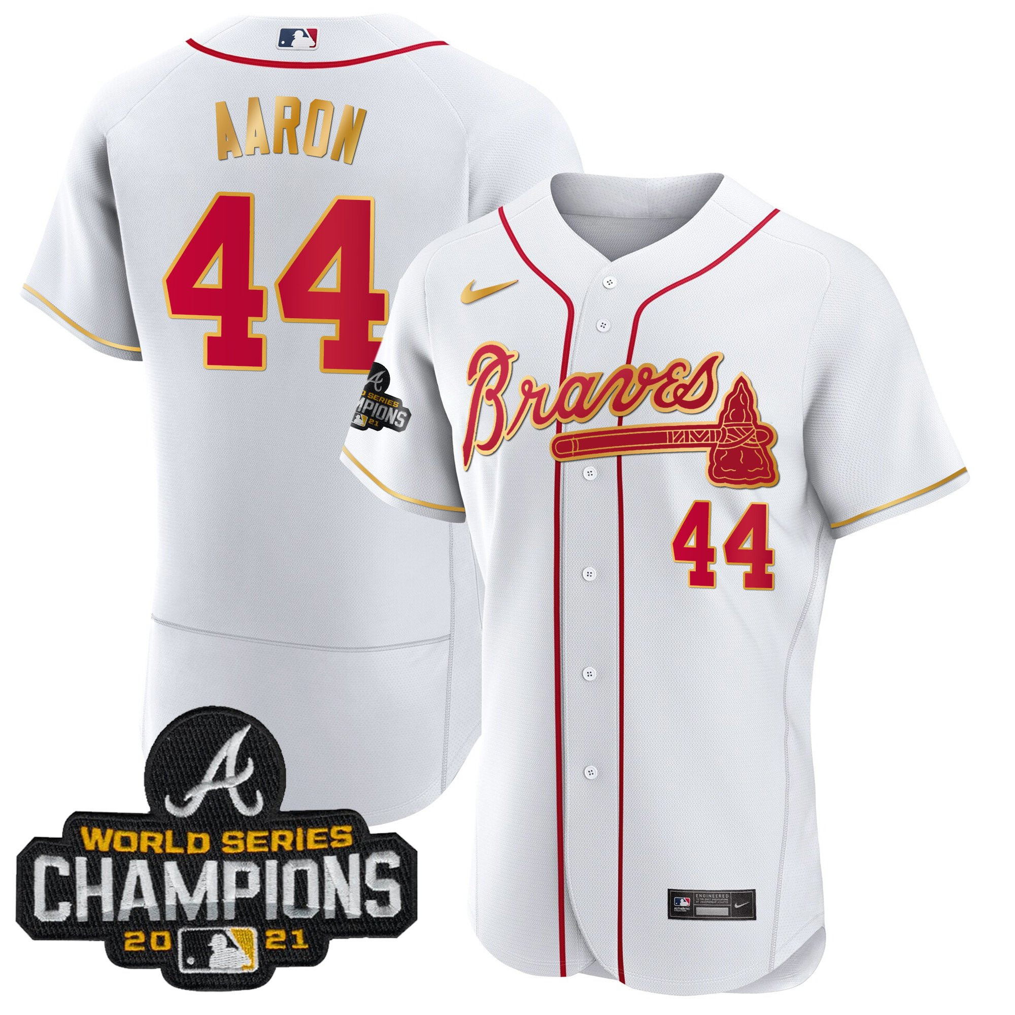 Hank Aaron Men's Atlanta Braves Champions Patch Gold Trim Flex White Jersey - All Stitched
