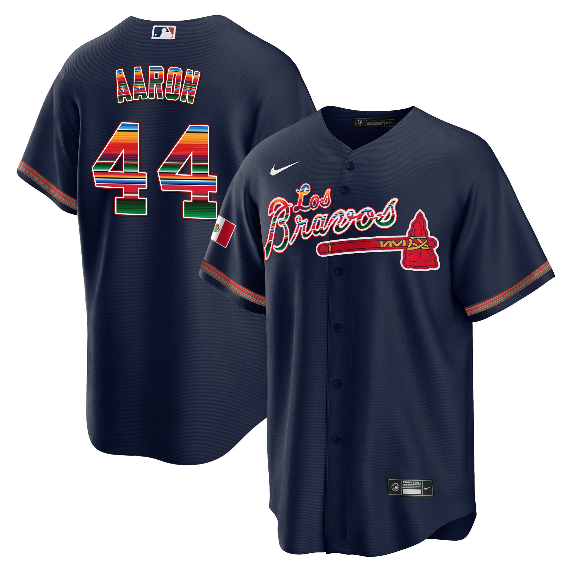 Hank Aaron Men's Atlanta Braves Los Bravos Mexico Navy Jersey - All Stitched