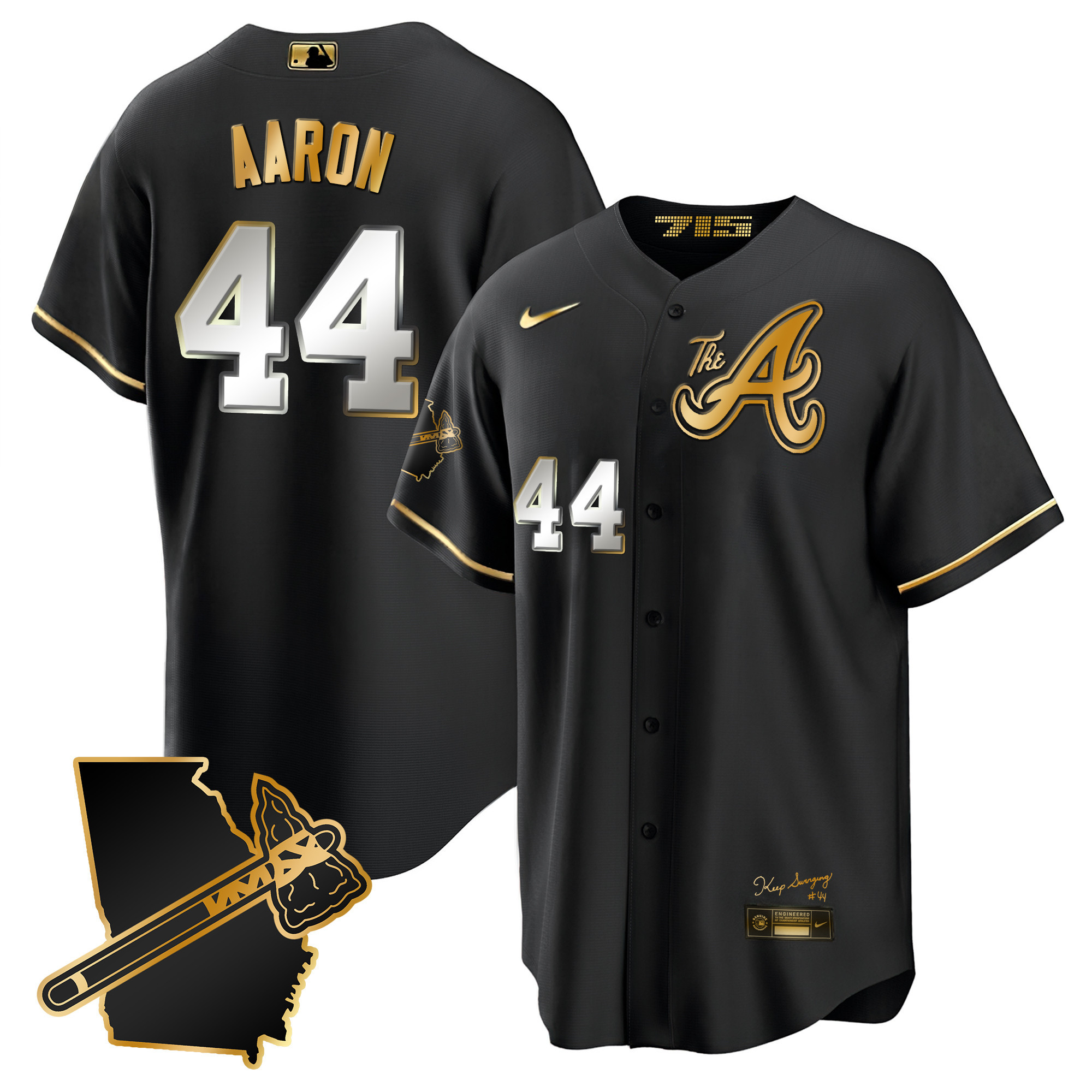 Hank Aaron Men's Atlanta Braves The A Gold Cool Base - Georgia Patch Black Gold Jersey - All Stitched