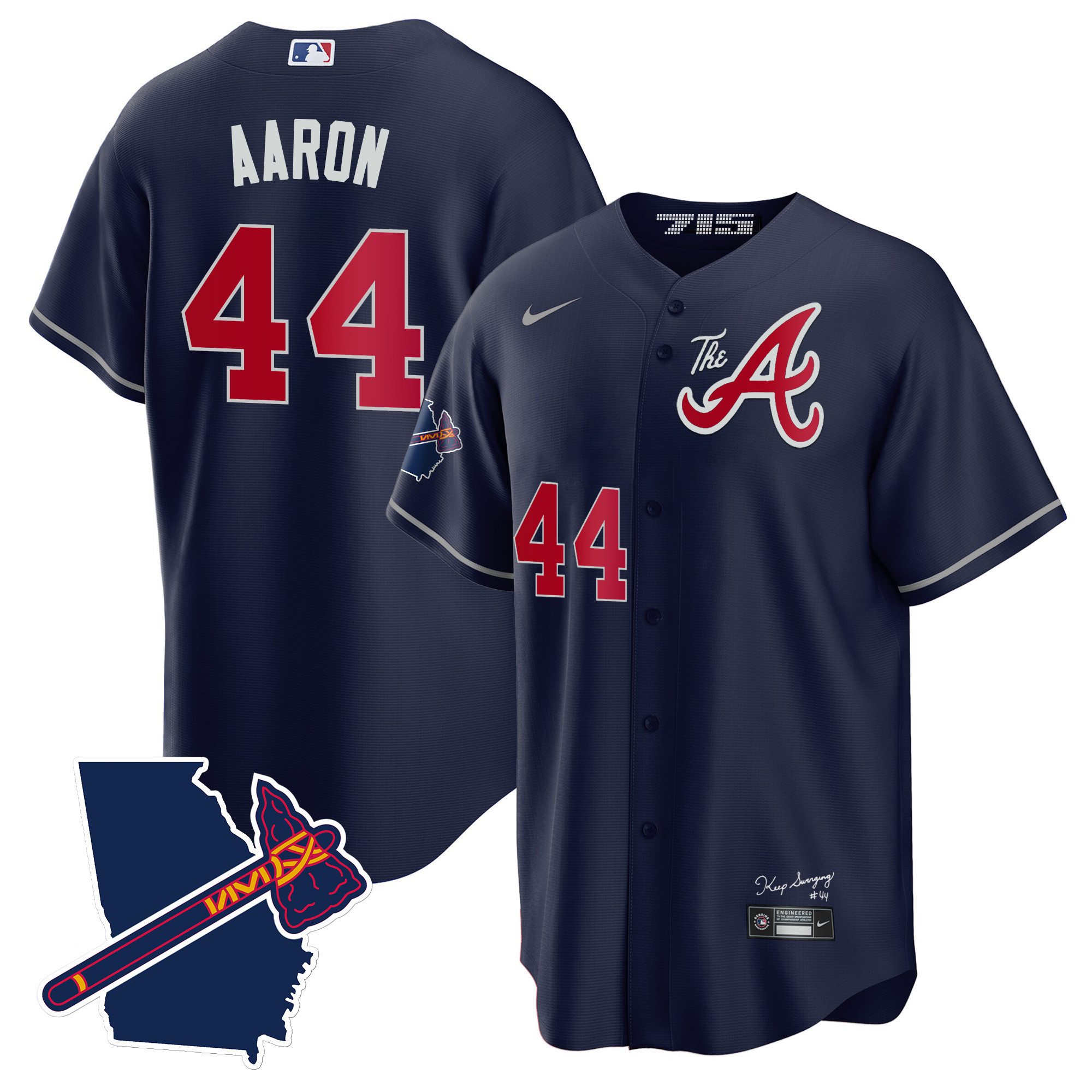 Hank Aaron Men's Atlanta Braves The A Gold Cool Base - Georgia Patch Navy Jersey - All Stitched