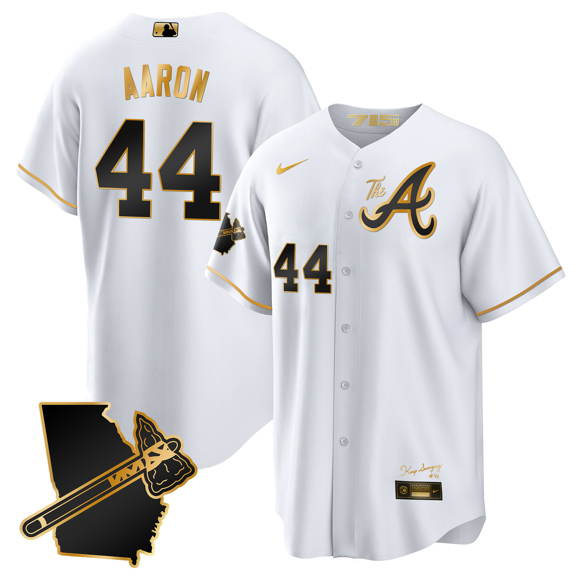 Hank Aaron Men's Atlanta Braves The A Gold Cool Base - Georgia Patch White Gold Jersey - All Stitched