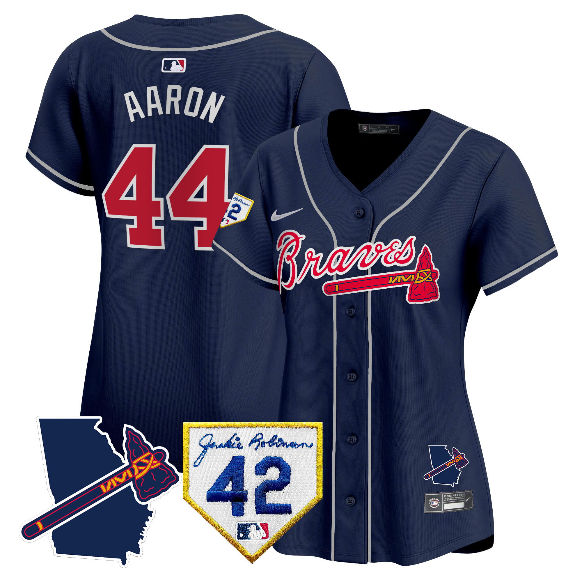 Hank Aaron Women's Atlanta Braves 2024 Robinson & Georgia Patch Vapor Premier Limited Navy Jersey - All Stitched