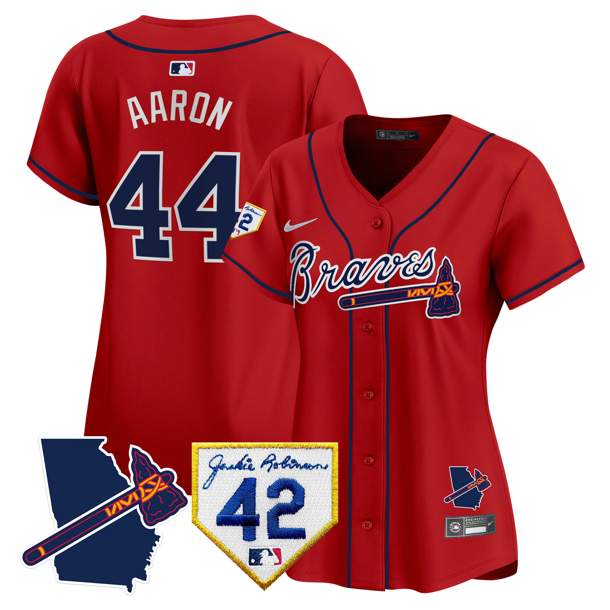 Hank Aaron Women's Atlanta Braves 2024 Robinson & Georgia Patch Vapor Premier Limited Red Jersey - All Stitched
