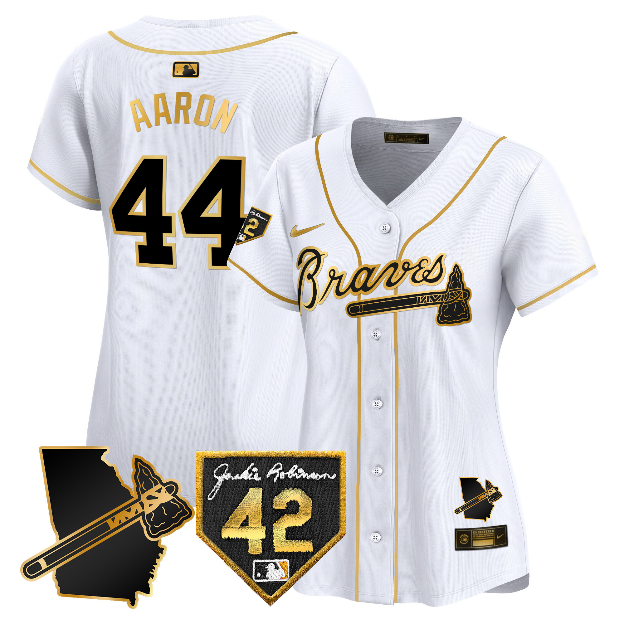 Hank Aaron Women's Atlanta Braves 2024 Robinson & Georgia Patch Vapor Premier Limited White Gold Jersey - All Stitched