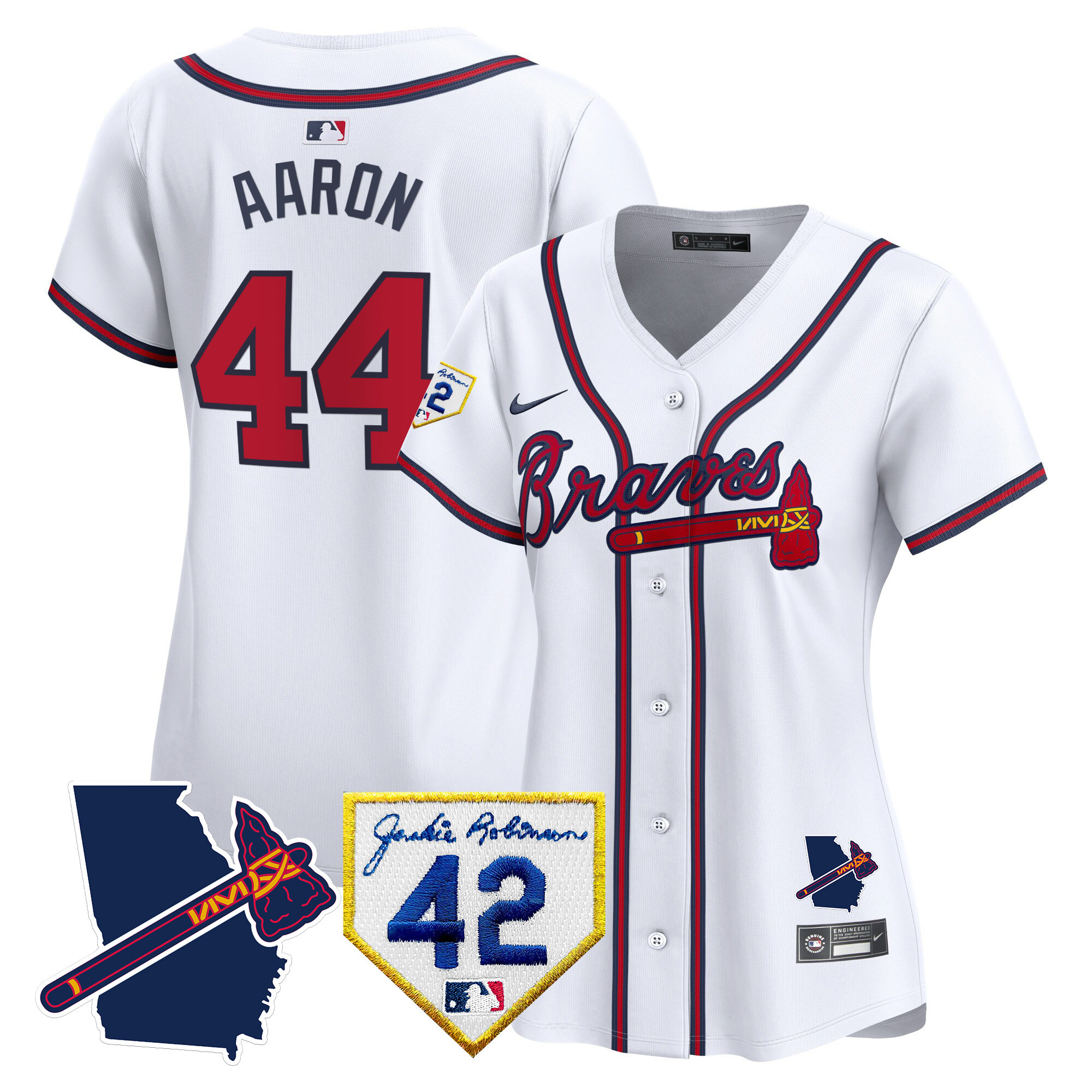Hank Aaron Women's Atlanta Braves 2024 Robinson & Georgia Patch Vapor Premier Limited White Jersey - All Stitched