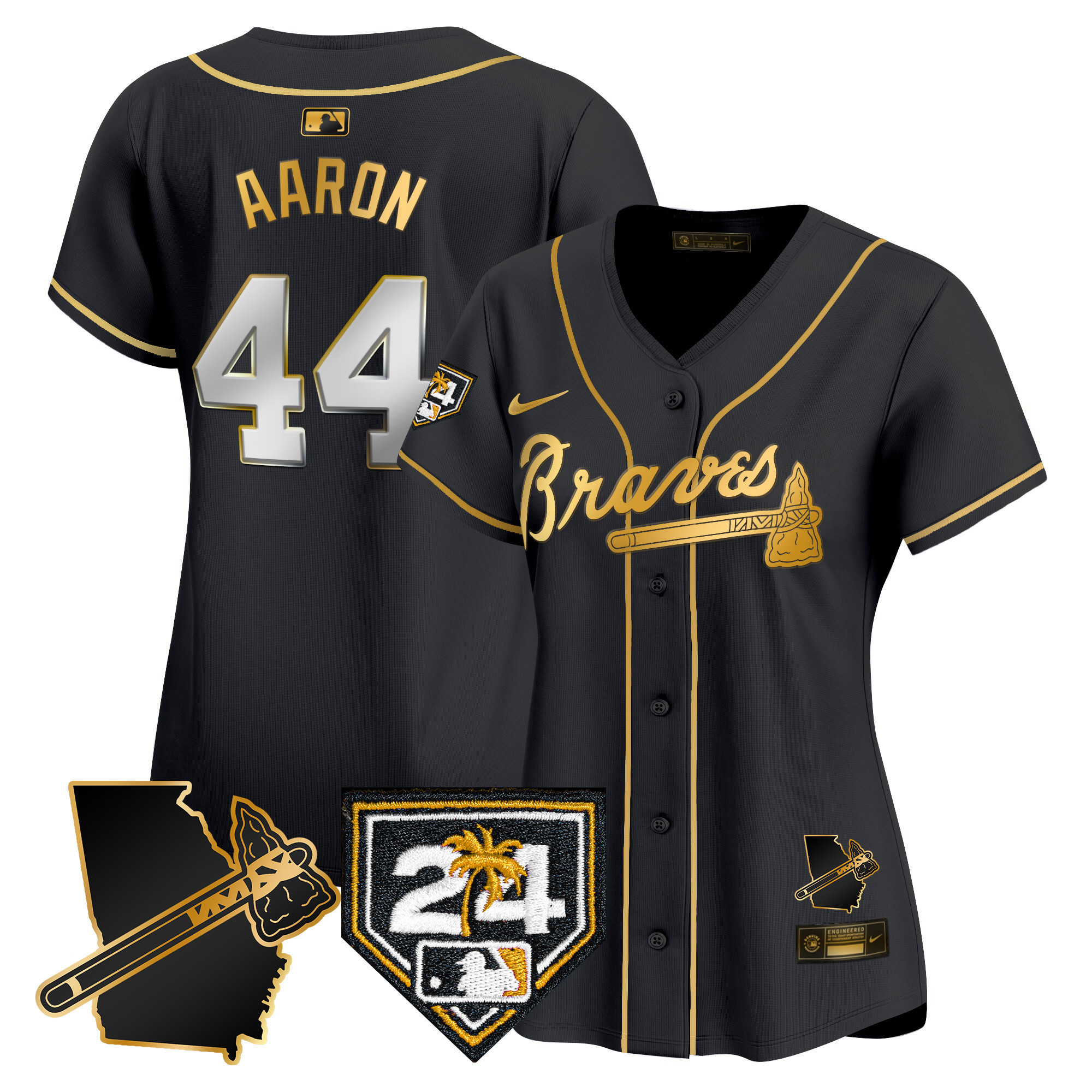 Hank Aaron Women's Atlanta Braves 2024 Spring Training & Georgia Patch Vapor Premier Limited Black Gold Jersey - All Stitched
