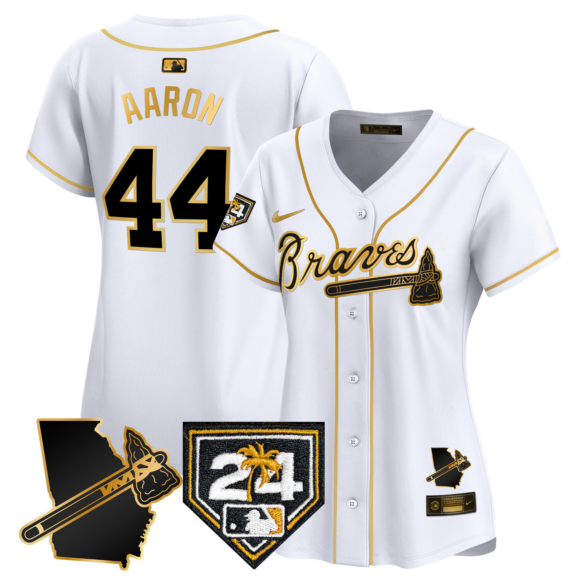 Hank Aaron Women's Atlanta Braves 2024 Spring Training & Georgia Patch Vapor Premier Limited White Gold Jersey - All Stitched