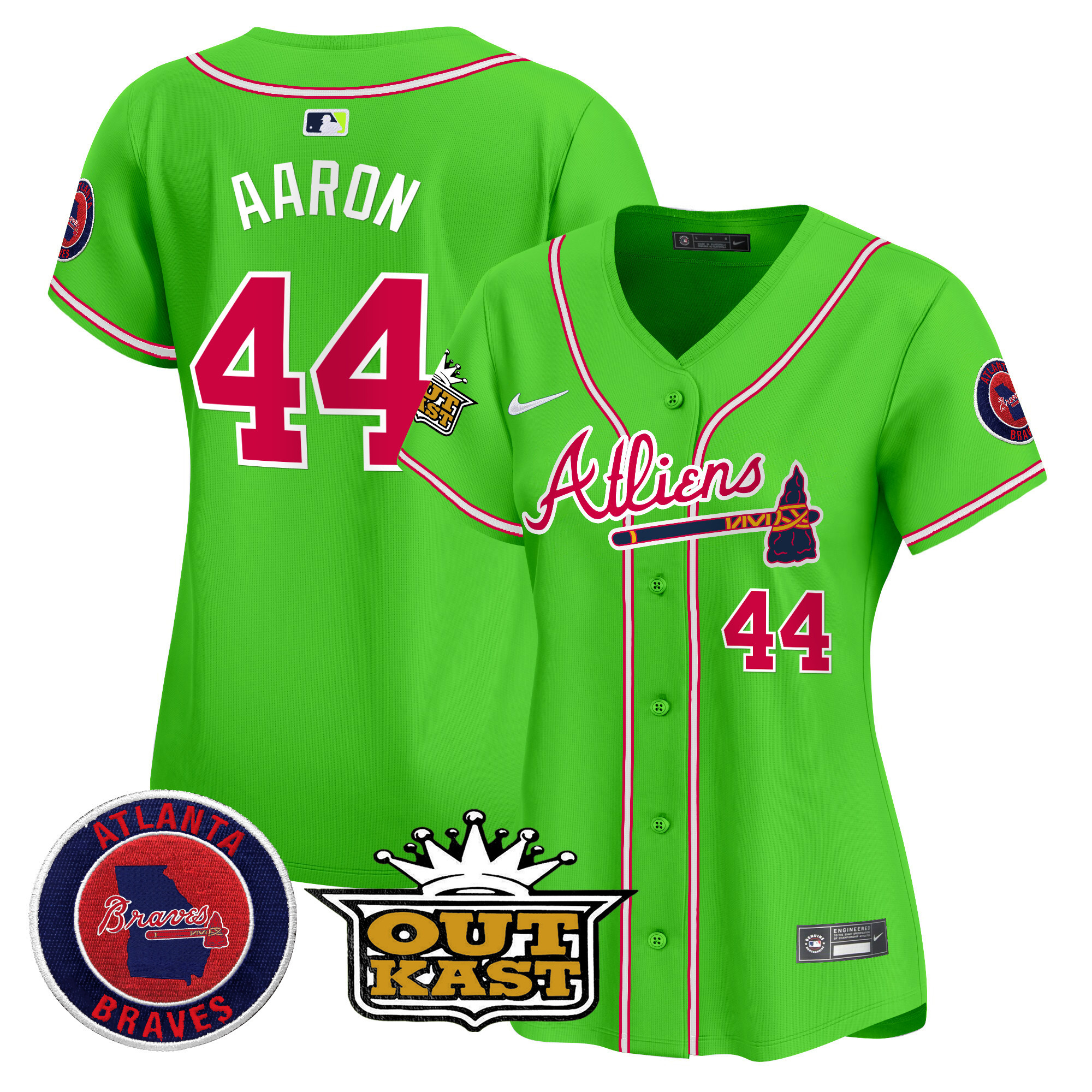 Hank Aaron Women's Atlanta Braves Atliens Vapor Premier Limited Bright Green Jersey - All Stitched