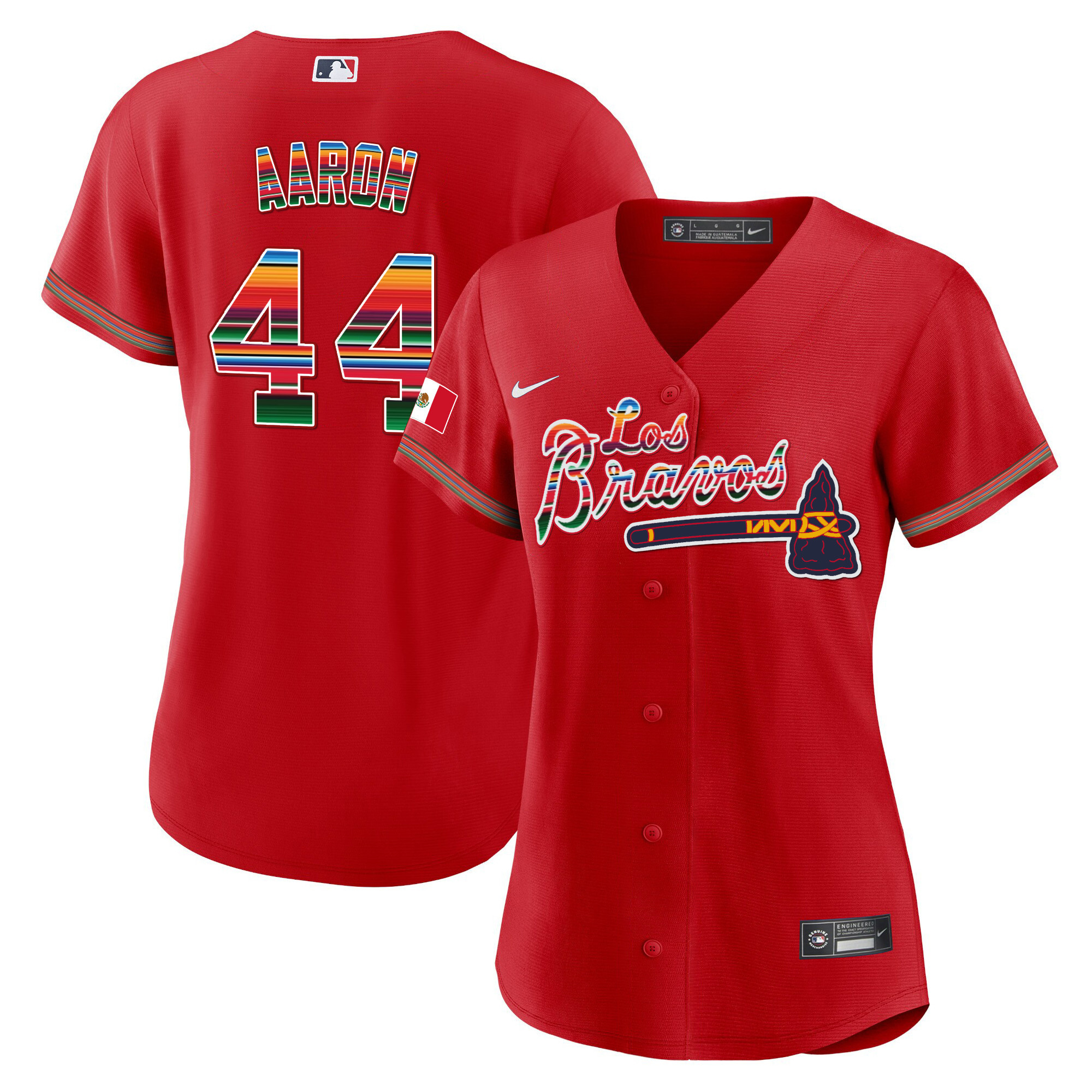 Hank Aaron Women's Atlanta Braves Los Bravos Mexico Red Jersey - All Stitched
