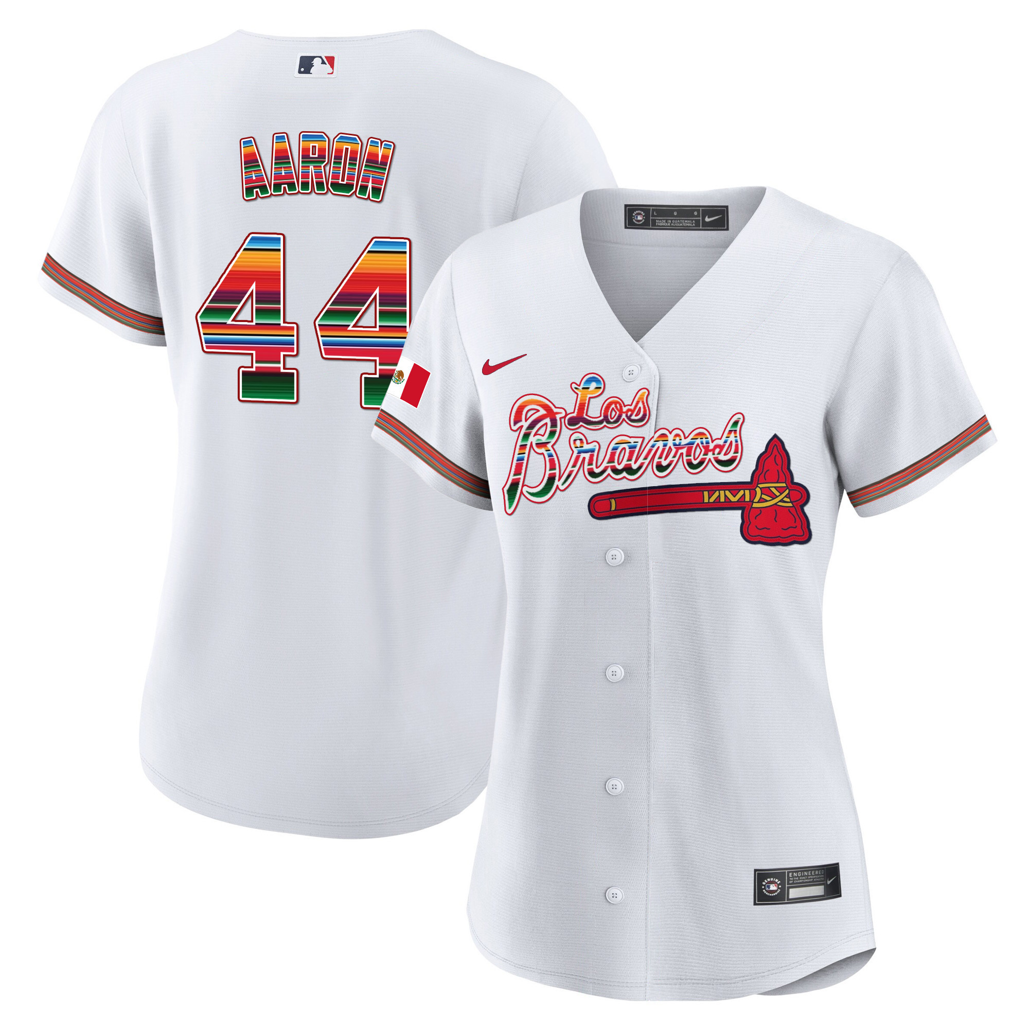 Hank Aaron Women's Atlanta Braves Los Bravos Mexico White Jersey - All Stitched