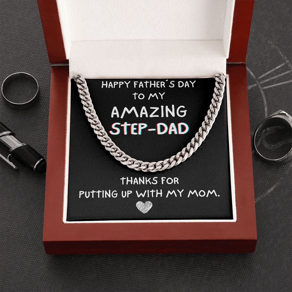 Happy Father’s day To My Step Dad Necklace Gift | Thanks for putting up with my mom Cuban Link with Luxury Box from Step Daughter – Bonus Dad Father Gift