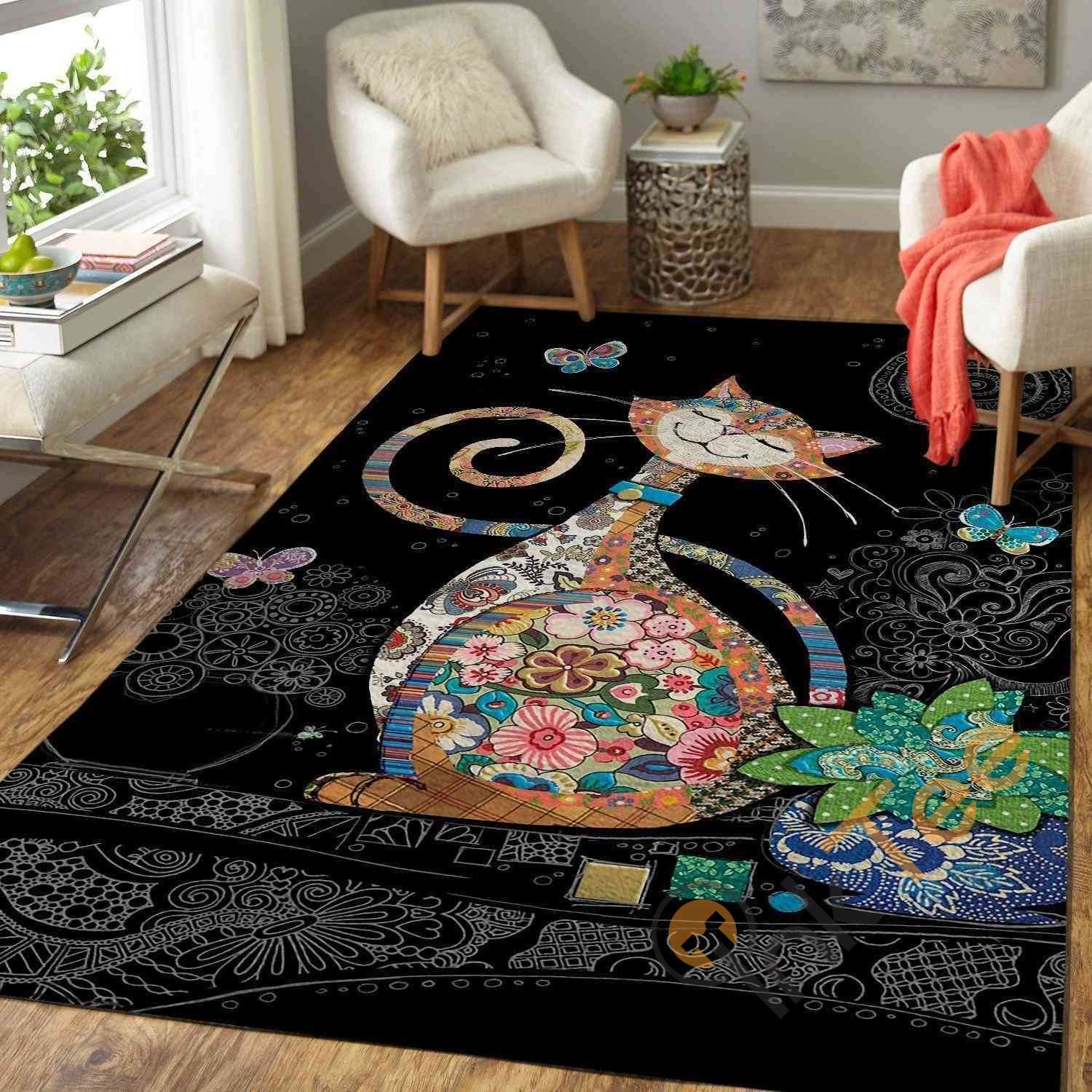 Happy Flowered Cat Area Rectangle Rug