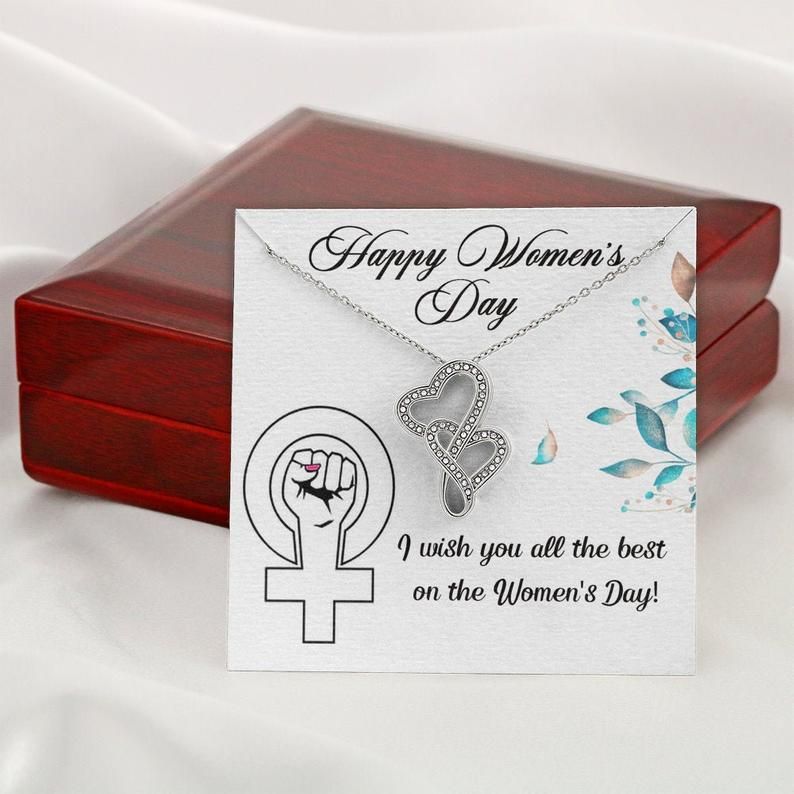 Happy Women’s Day, International Women’s Day Double Heart Necklace 8 March, Gift Idea for Women, IWD 2021 for New Mom Gift