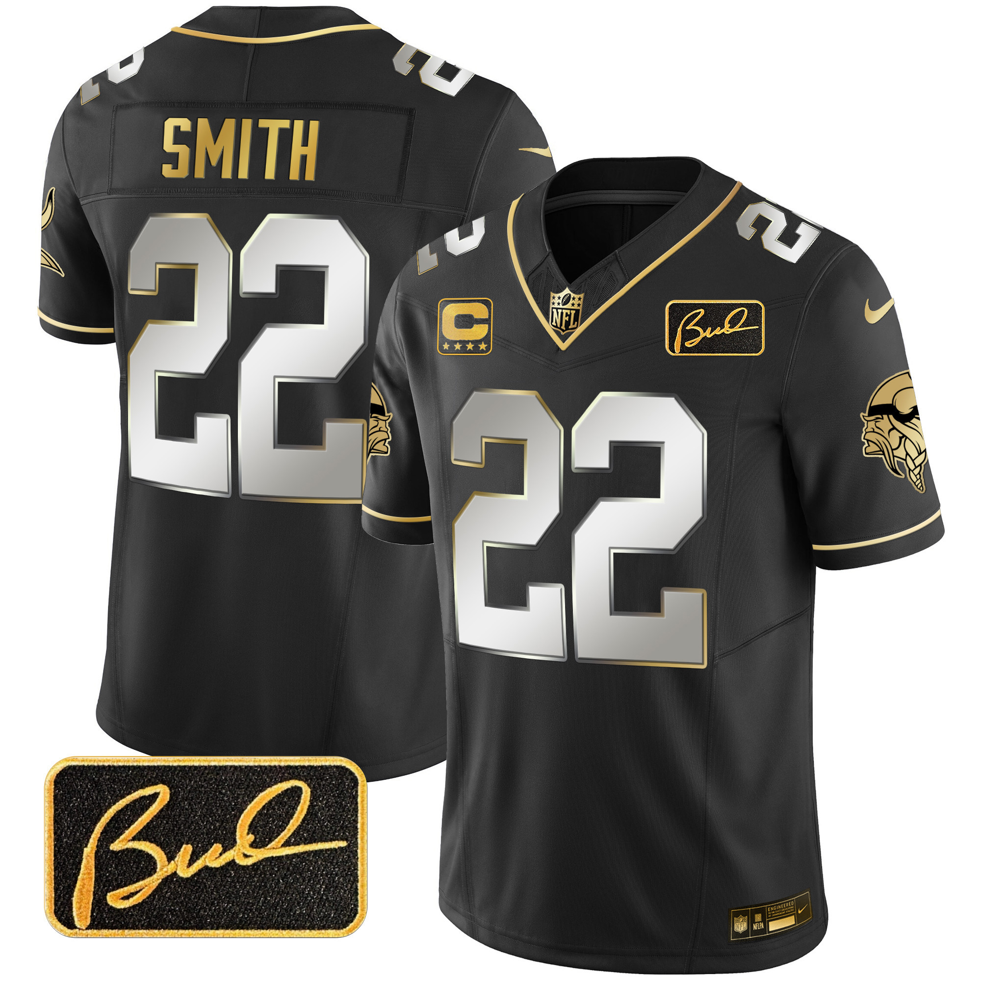 Harrison Smith Men's Minnesota Vikings Bud Grant Patch Gold Limited V2 Black Limited Jersey - All Stitched