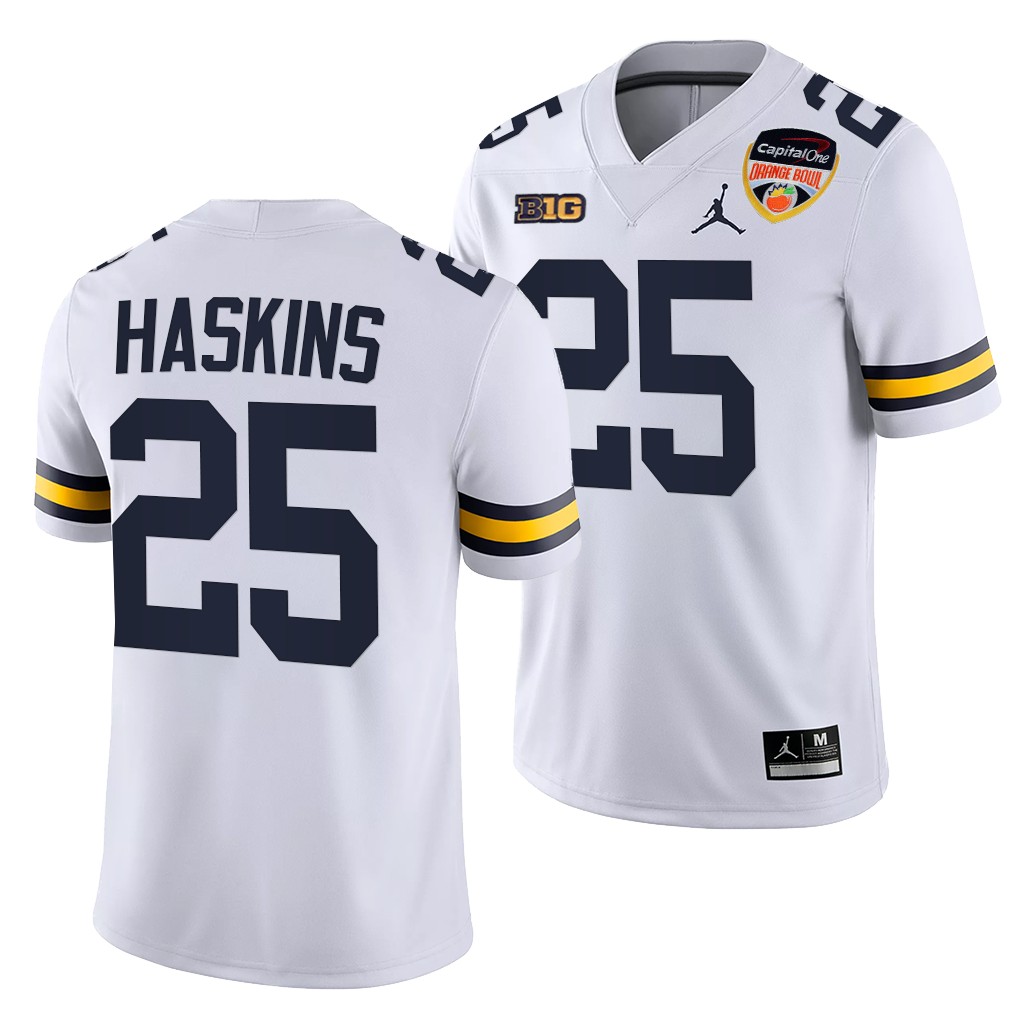 Hassan Haskins Michigan Wolverines 2021 Orange Bowl White College Playoff 25 Jersey Men