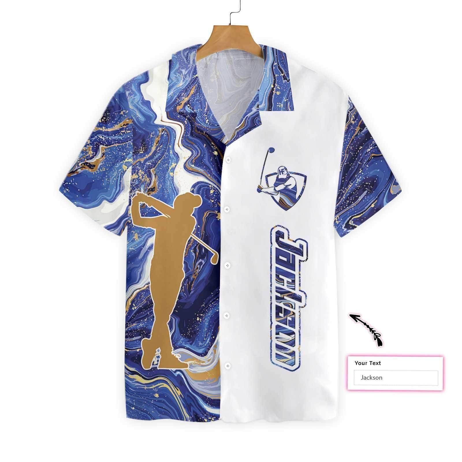 Hawaii Shirt Personalized Name Blue Marble And Gold Silhouette Golfer Hawaiian Aloha