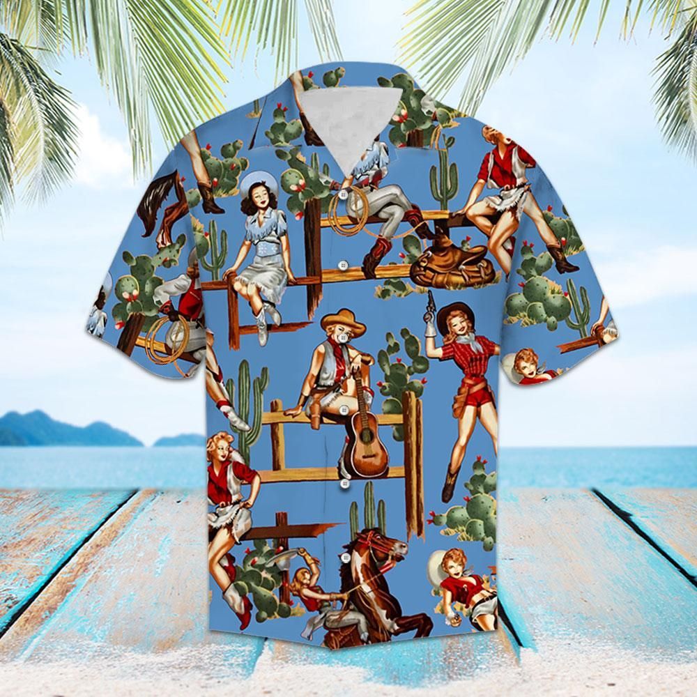 Hawaiian Shirt Unisex Womens Mens Couples Matching Friends Funny Family Printed Holiday Gifts Strong Cowgirl Blue Background Atzapparels