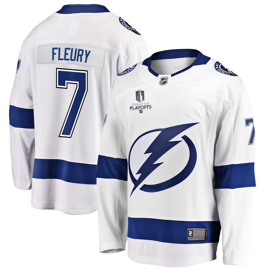 Haydn Fleury 7 Tampa Bay Lightning Stanley Cup 2023 Playoffs Patch Away Breakaway Men Stitched Jersey – White