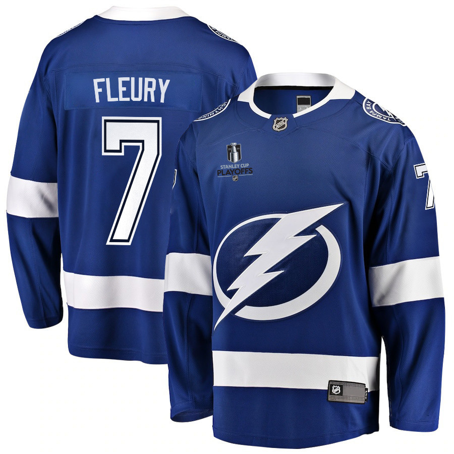 Haydn Fleury 7 Tampa Bay Lightning Stanley Cup 2023 Playoffs Patch Home Breakaway Men Stitched Jersey – Blue