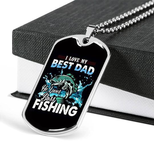 He Loves Boss Fishing Dog Tag Necklace Gift For Daddy