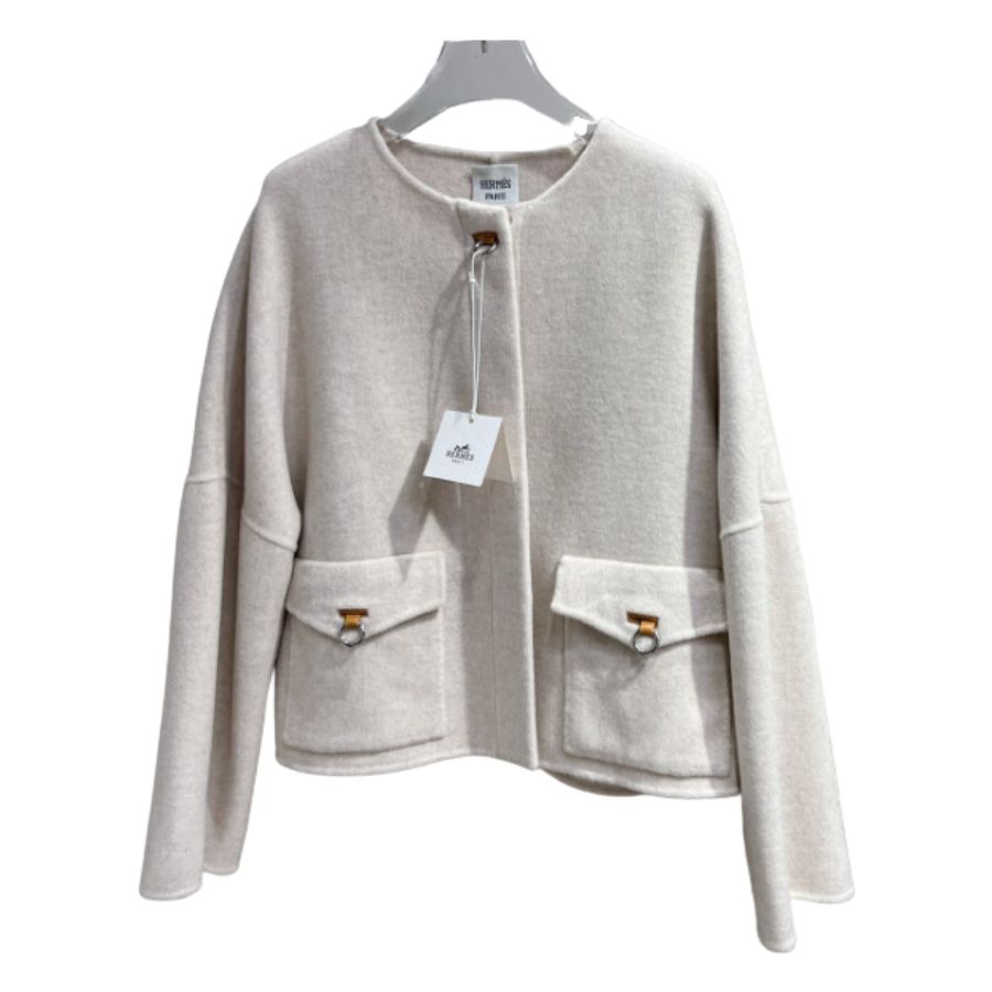 Hermes Round Neck Pocket Jacket Cream For Women