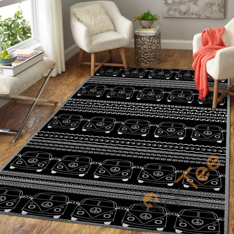 Hippie Peace Bus In Black Background Floor Decor Soft Livingroom Bedroom Carpet Highlight For Home Hippiebuscarpet Rectangle Rug