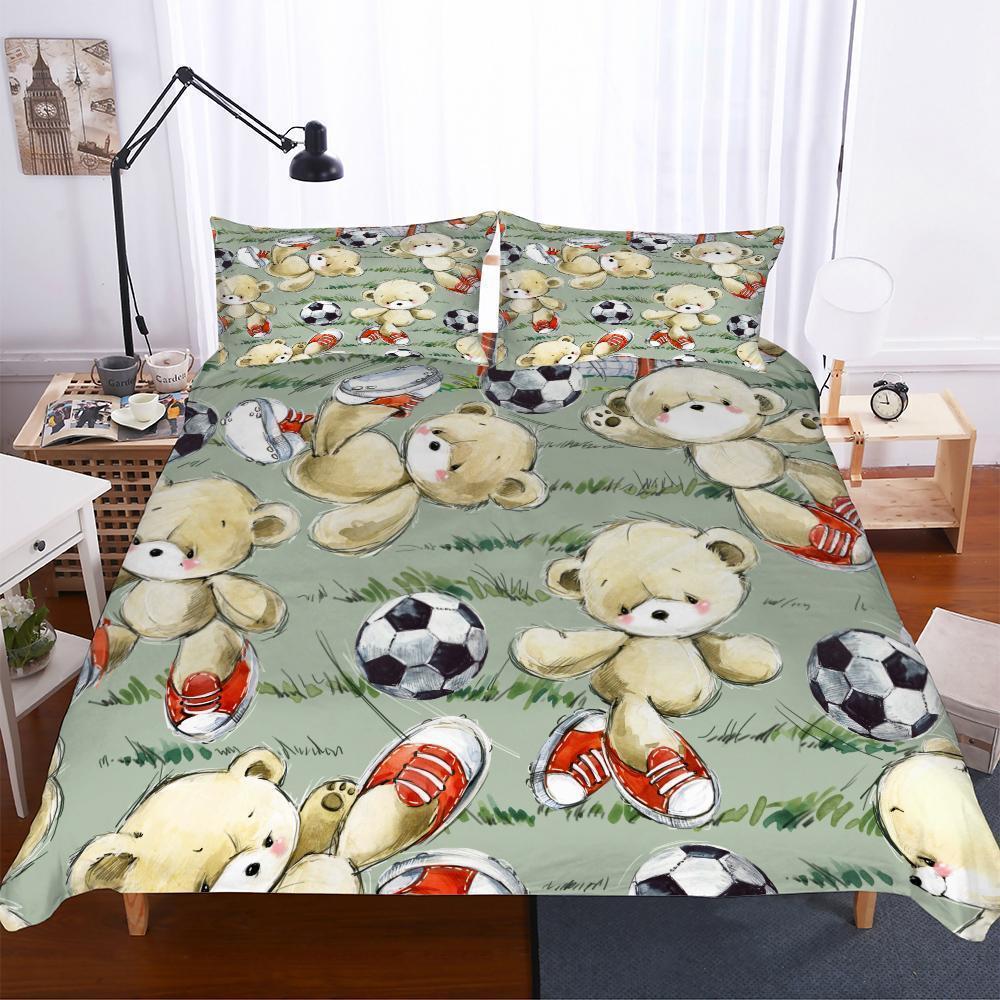 Home Goods Theme Teddy Bear Playing Football Digital Printed 3D Customized Duvet Cover Bedding Set