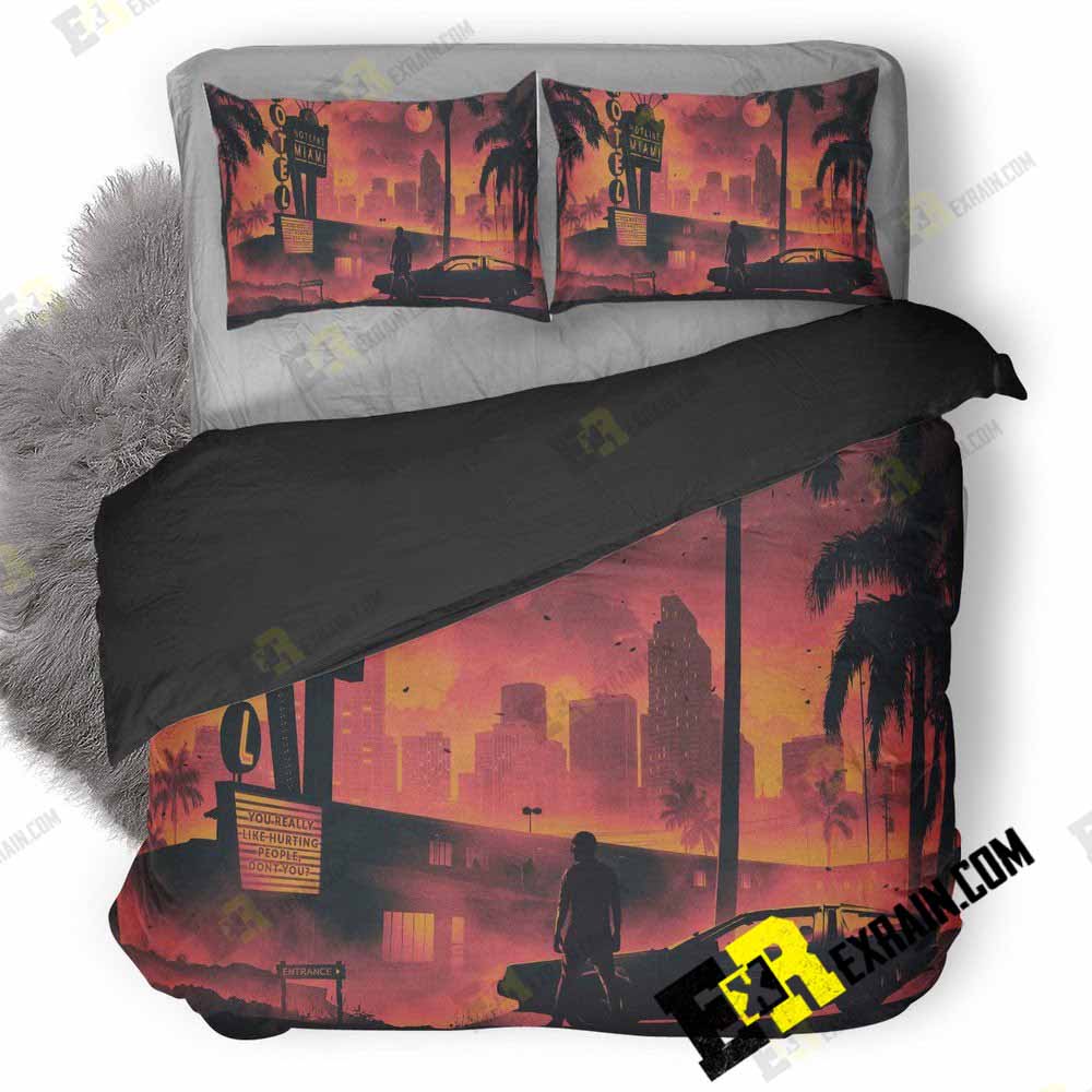 Hotline Miami Game Retro Style Dark Life Cityscape Su 3D Customized Duvet Cover Bedding Set