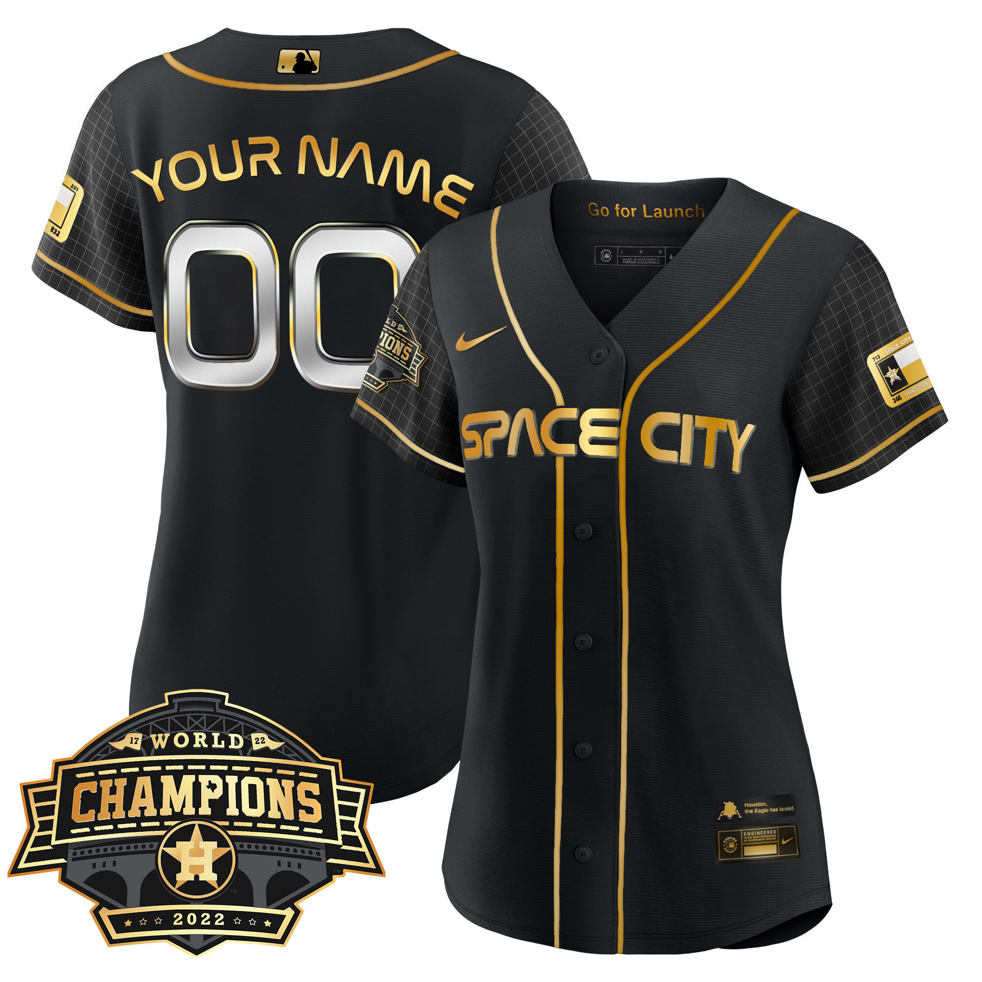 Houston Astros 2022 Champions Limited Custom Name And Number Cool Space City Black Gold Jersey - All Stitched