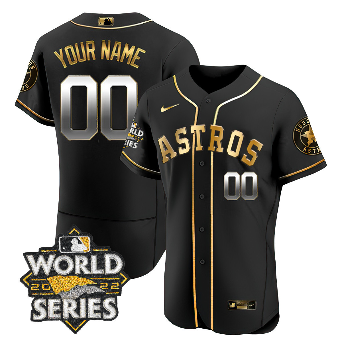 Houston Astros 2022 World Series Custom Name And Number Flex Black Gold Jersey - All Stitched